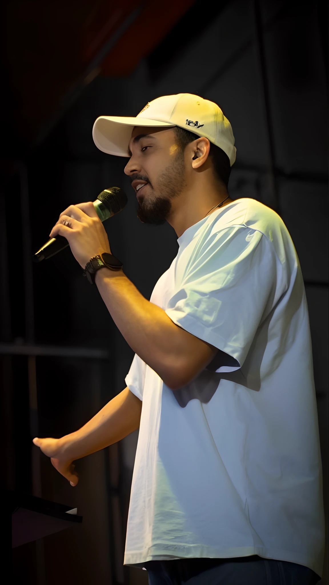 Araffe man in white shirt and white hat holding a microphone, rap no palco do festival, Apresentando-se no palco, no palco, ao vivo no palco, rap no microfone, Rap, comediante stand-up, Condutor de Ene, no palco, em um palco, taken in the early 2020s, david rios ferreira, Rua Juliana, caio santos