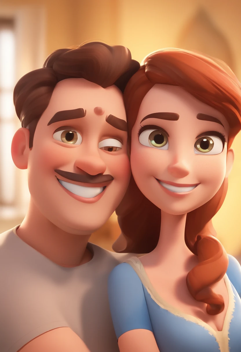 An illustration of an adorable couple, Spotlight on a smiling chubby white man and a brunette woman with beautiful expressive eyes - the man's skin is white and the man's hair brown, while the woman's skin is white and the woman's hair is wavy and brown. They are a bright room, cada um com um sorriso no rosto, e compartilhar um momento especial caracterizado pelo amor, Insights. Illustrate this scene from a perspective where they are facing the camera, Smiling and Showing Your Connection. Desenvolva esta arte em Full HD, Focus on your cinematic touch, Estilo Disney Pixar Animations