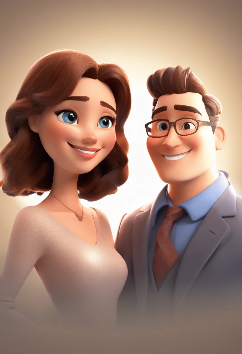 An illustration of an adorable couple, Spotlight on a smiling chubby white man and a brunette woman with beautiful expressive eyes - the man's skin is white and the man's hair brown, while the woman's skin is white and the woman's hair is wavy and brown. They are a bright room, cada um com um sorriso no rosto, e compartilhar um momento especial caracterizado pelo amor, Insights. Illustrate this scene from a perspective where they are facing the camera, Smiling and Showing Your Connection. Desenvolva esta arte em Full HD, Focus on your cinematic touch, Estilo Disney Pixar Animations