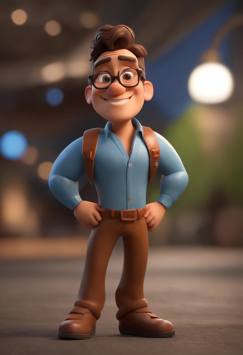 Cartoon character of a man with black glasses, cabelo cacheado marrom escuro e uma camisa azul, animation character, Caractere estilizado, animation style rendering, 3D estilizado, Arnold Maya render, 3 d render stylized, toon render keyshot, Personagem 3D, Personagem 3D, 3d rendering stylized, 3 d character render, personagem de desenho animado, Personagem de close up, Pose de personagem,  (Estilo Pixar) (master part:1.2) (Bokeh) (best quality) (pele detalhada) (textura detalhada) (8k) (argila) (Cinematic lighting) (foco nítido