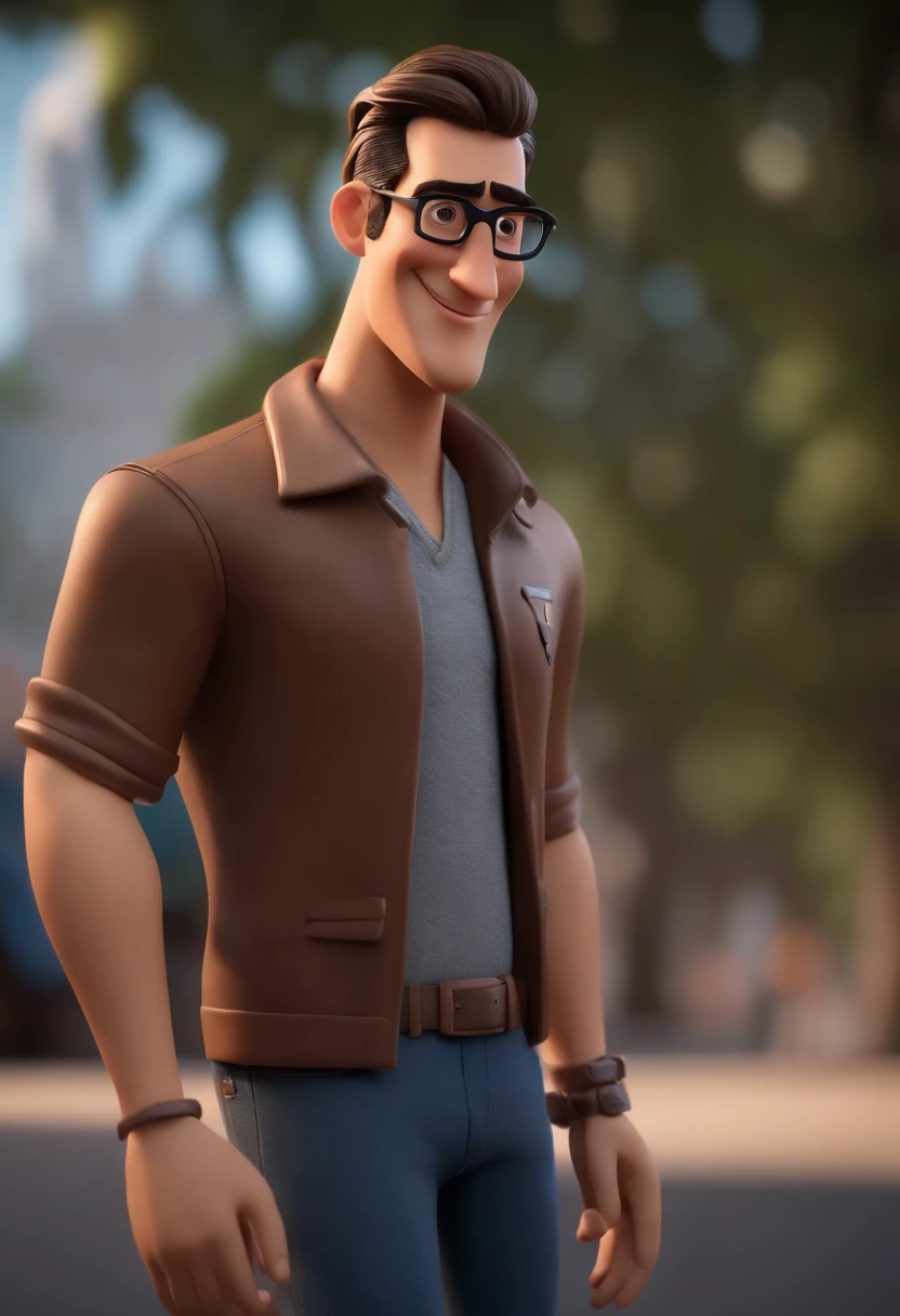 Cartoon character of a man with black glasses, cabelo cacheado marrom escuro e uma camisa azul, animation character, Caractere estilizado, animation style rendering, 3D estilizado, Arnold Maya render, 3 d render stylized, toon render keyshot, Personagem 3D, Personagem 3D, 3d rendering stylized, 3 d character render, personagem de desenho animado, Personagem de close up, Pose de personagem,  (Estilo Pixar) (master part:1.2) (Bokeh) (best quality) (pele detalhada) (textura detalhada) (8k) (argila) (Cinematic lighting) (foco nítido