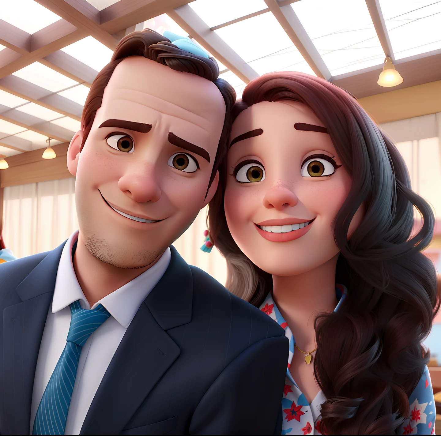 Casal (homem moreno e mulher branca) no estilo Disney Pixar, alta qualidade, melhor qualidade.