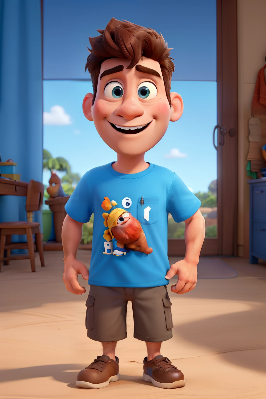 imagem Disney pixar. Homem, alto, magro, cabelo castanho enroladinho, olhos pequenos castanhos, boca carnuda, cavanhaque. Usa camiseta azul escrito SubidoPRO. Trabalha com a internet, usa computador e celular.