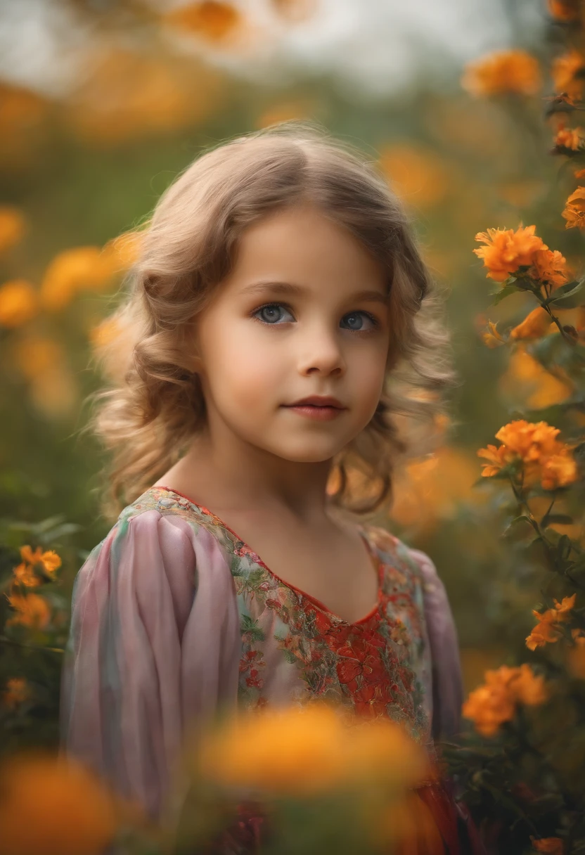 (best quality,4k,8k,highres,masterpiece:1.2),ultra-detailed,(realistic,photorealistic,photo-realistic:1.37),little child with bright blue eyes, dark brown-gray hair, playing in a serene garden. Fine brush strokes and vivid colors create a realistic and lifelike portrait. The child's innocent expression and playful demeanor are captured with precision. The sunlight filters through the trees, casting a warm golden glow on the scene. The garden is lush with vibrant flowers and greenery, adding a touch of natural beauty to the overall composition. The child's eyes are the focal point, with each detail of the iris beautifully captured. The textures of the hair and skin are highly detailed, emphasizing the child's youth and innocence. A sense of tranquility and joy permeates the atmosphere, creating a peaceful and heartwarming scene. The overall color palette is soft and warm, with gentle pastel tones that complement the serene setting. The lighting is soft and diffused, giving a dreamy and ethereal quality to the image. [illustration,pastel tones,flowers,peaceful atmosphere,radiant sunlight]