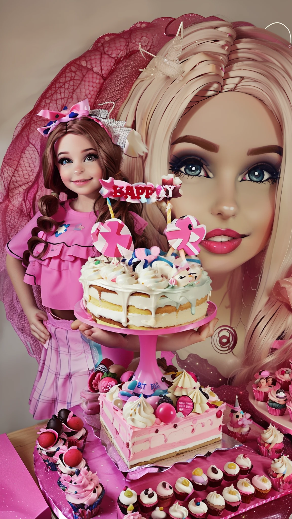 Araffe girl standing next to a cake with a Barbie doll on it, Barbie, boneca Barbie, plastic barbie doll, Retrato da boneca Barbie, happy birthday, Barbie ou boneca Ken, 5 anos, Detalhes adicionais, figura de cera, Directed by: Arabella Rankin, Directed by: Emanuel Witz, Marischa Becker, Directed by: David Ruby, birthday party, Directed by: Douglas Shuler