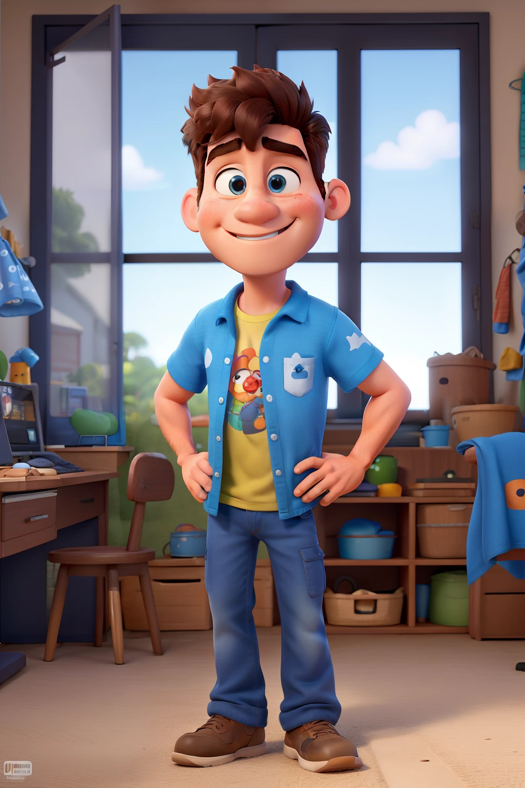 imagem Disney pixar. Homem, alto, magro, cabelo castanho enroladinho, olhos pequenos castanhos, boca carnuda, cavanhaque. Usa camiseta azul escrito SubidoPRO. Trabalha com a internet, usa computador e celular.