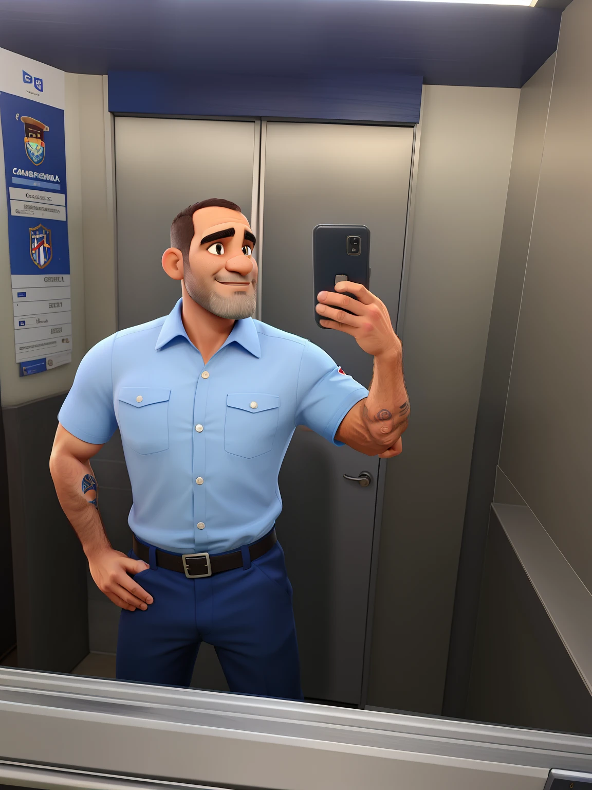 Homem totalmente careca, com barba grisalha, camisa azul, corpo atletico.