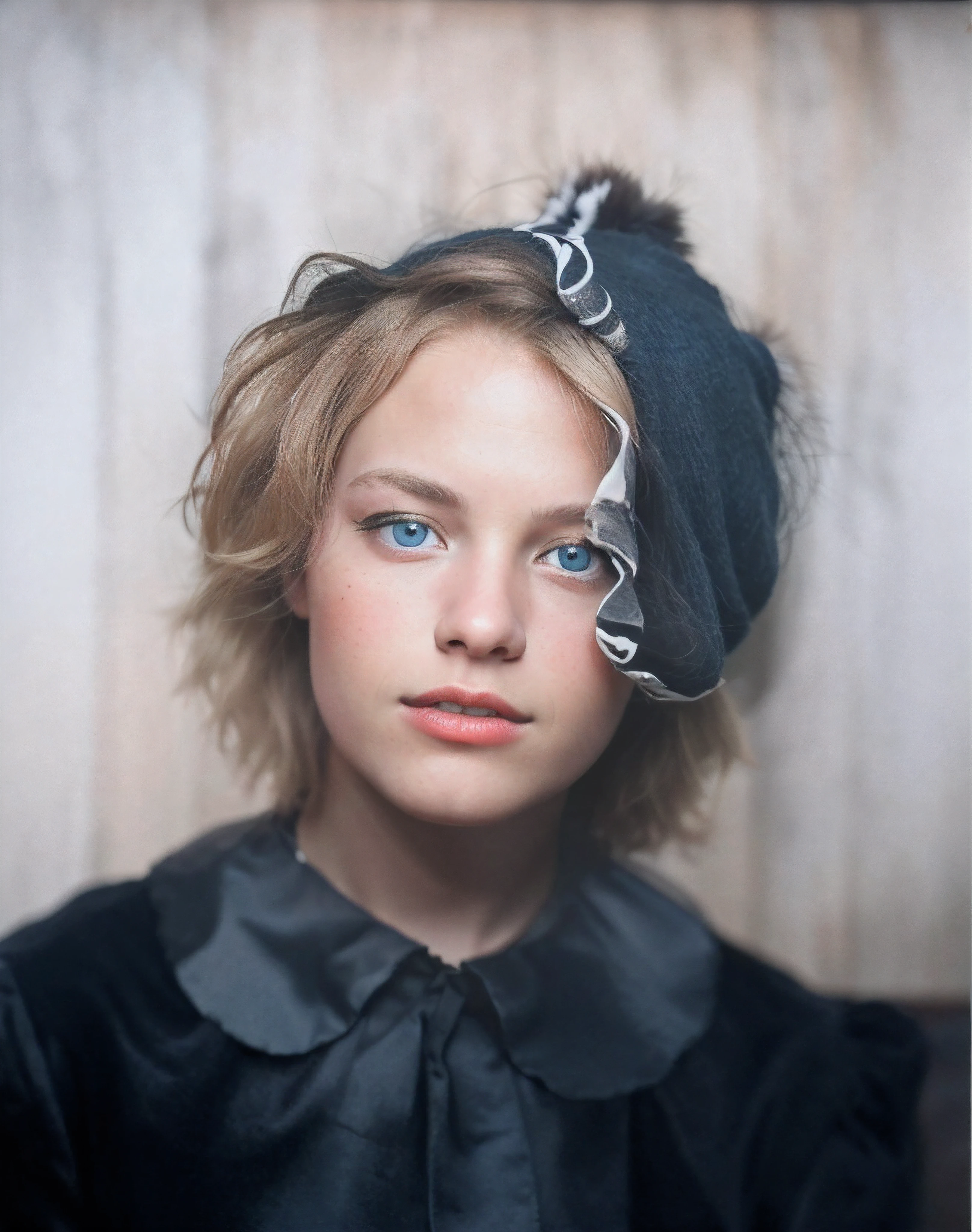 There is a young woman with blonde hair with an antique black and white cedar hat, blue eyes, a black dress, raw photo, amazing photograph, best quality, 8K, high quality, Ultra detailed, (best quality), (high detailed skin, full sharp:1.2), 8k uhd, dslr, detailed face