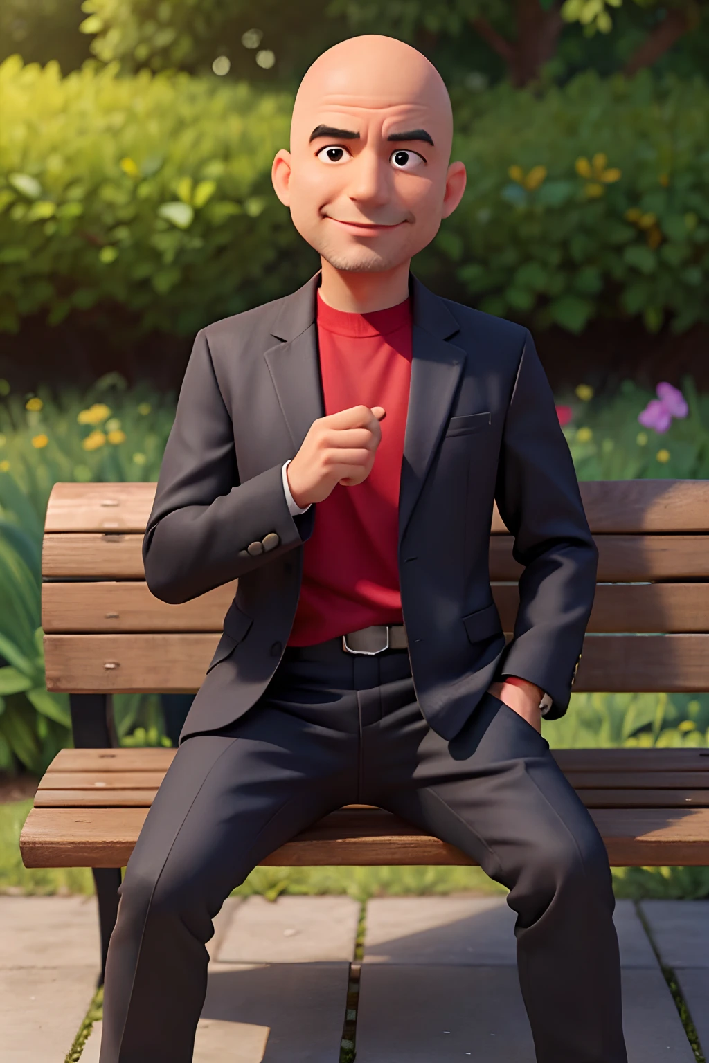 The image shows a bald man with no hair on his head, round head, sorrindo,sentado em um banco de madeira, which is located near a fence. The man is wearing a black jacket and a red shirt and appears to be looking at the camera. The bench is positioned in the middle of the scene, com a cerca estendendo-se para os lados esquerdo e direito da imagem. The man's posture and the presence of the bench suggest that this could be a park or a similar outdoor environment.Gere essa imagem no estilo hiper realistic