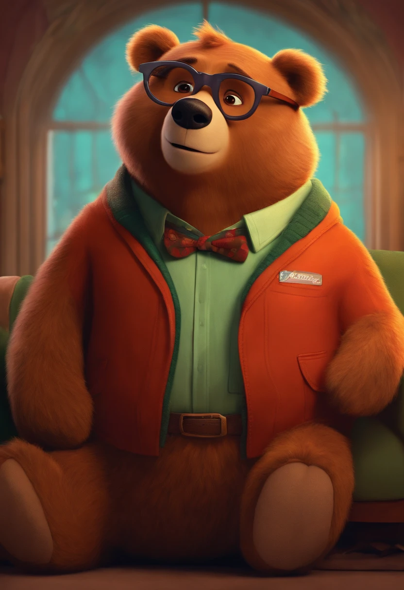 Menino estilo desenho animado, Pixar, wearing round glasses, segurando um urso de pelucia, roupa de escoteiro,