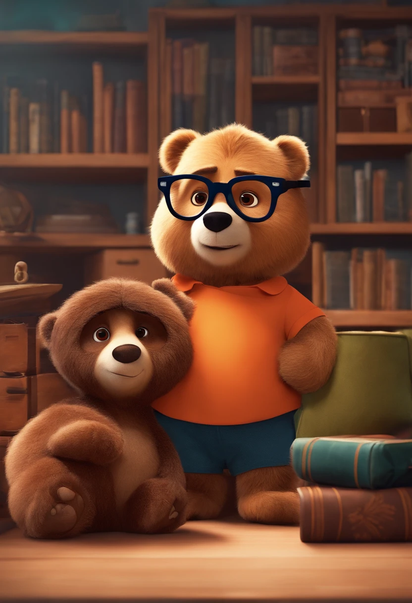 Menino estilo desenho animado, Pixar, wearing round glasses, segurando um urso de pelucia, roupa de escoteiro,