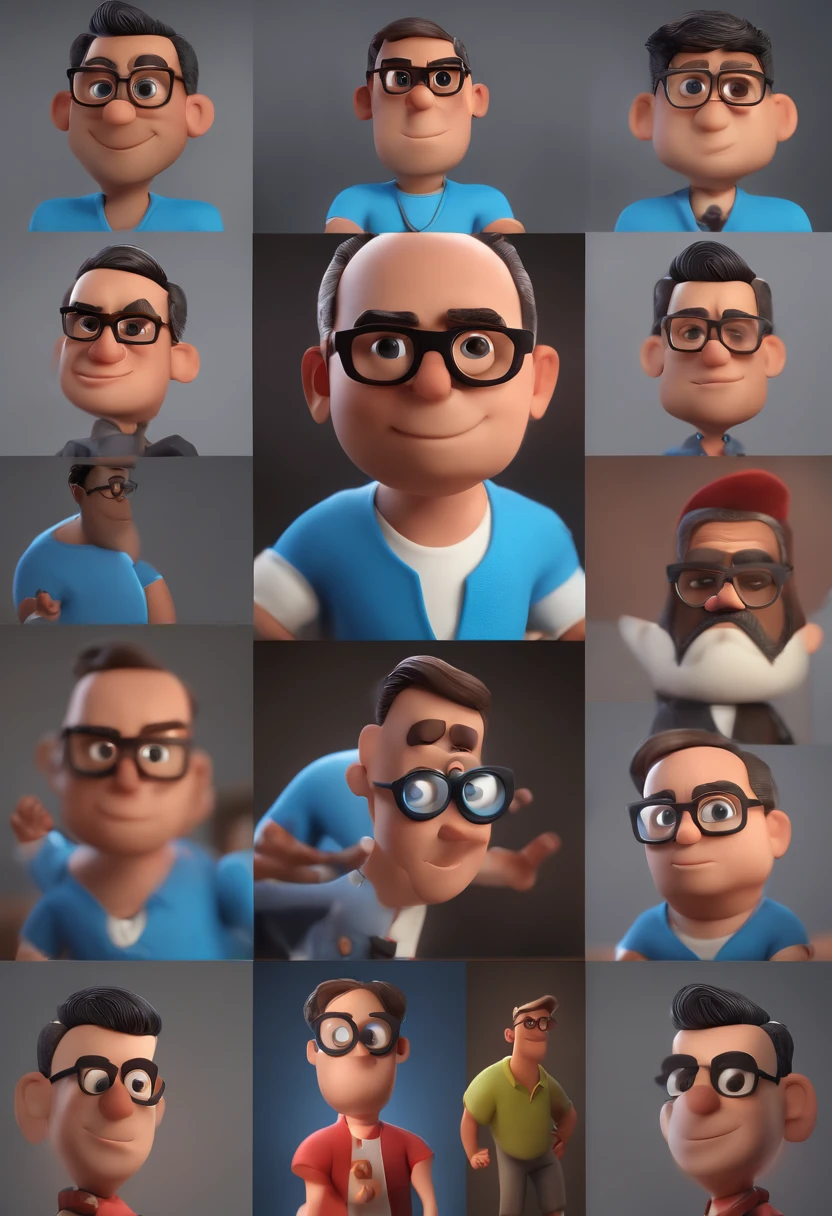 Cartoon character of a man with black glasses and a blue shirt, animation character, Caractere estilizado, animation style rendering, 3D estilizado, Arnold Maya render, 3 d render stylized, toon render keyshot, Personagem 3D, Personagem 3D, 3d rendering stylized, 3 d character render, personagem de desenho animado, Personagem de close up, Pose de personagem, (Estilo Pixar) (master part:1.2) (Bokeh) (best quality) (pele detalhada) (textura detalhada) (8k) (argila) (Cinematic lighting) (foco nítido