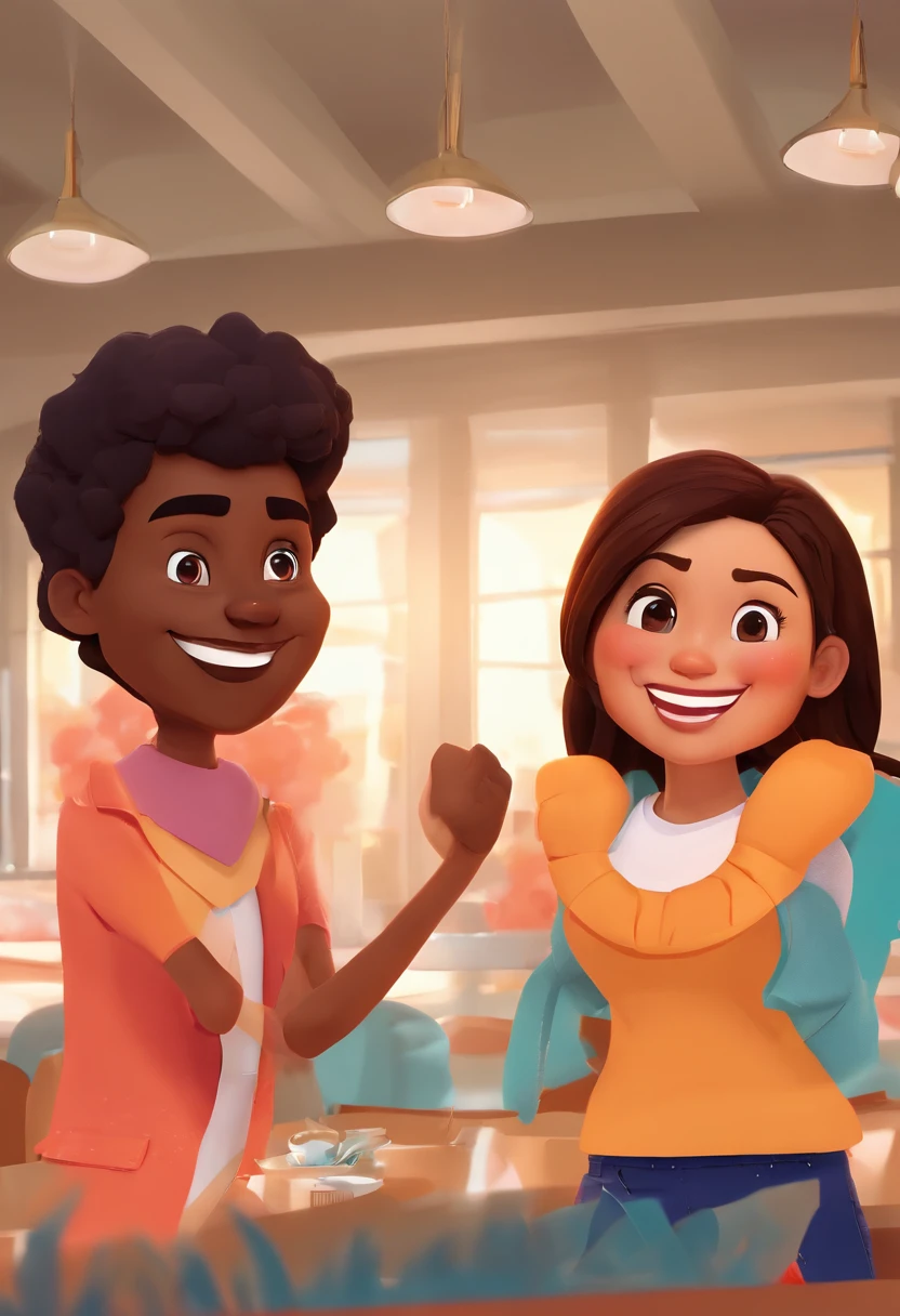 An illustration of an adorable couple, Highlight for a chubby mulatto man with glasses smiling and a brunette woman with beautiful expressive eyes - the man's skin is mulatto and the man's hair haswhile the woman's skin is black and the woman's hair is straight and brown. They are a bright room, cada um com um sorriso no rosto, e compartilhar um momento especial caracterizado pelo amor, Insights. Illustrate this scene from a perspective where they are facing the camera, Smiling and Showing Your Connection. Desenvolva esta arte em Full HD, Focus on your cinematic touch, Estilo Disney Pixar Animations