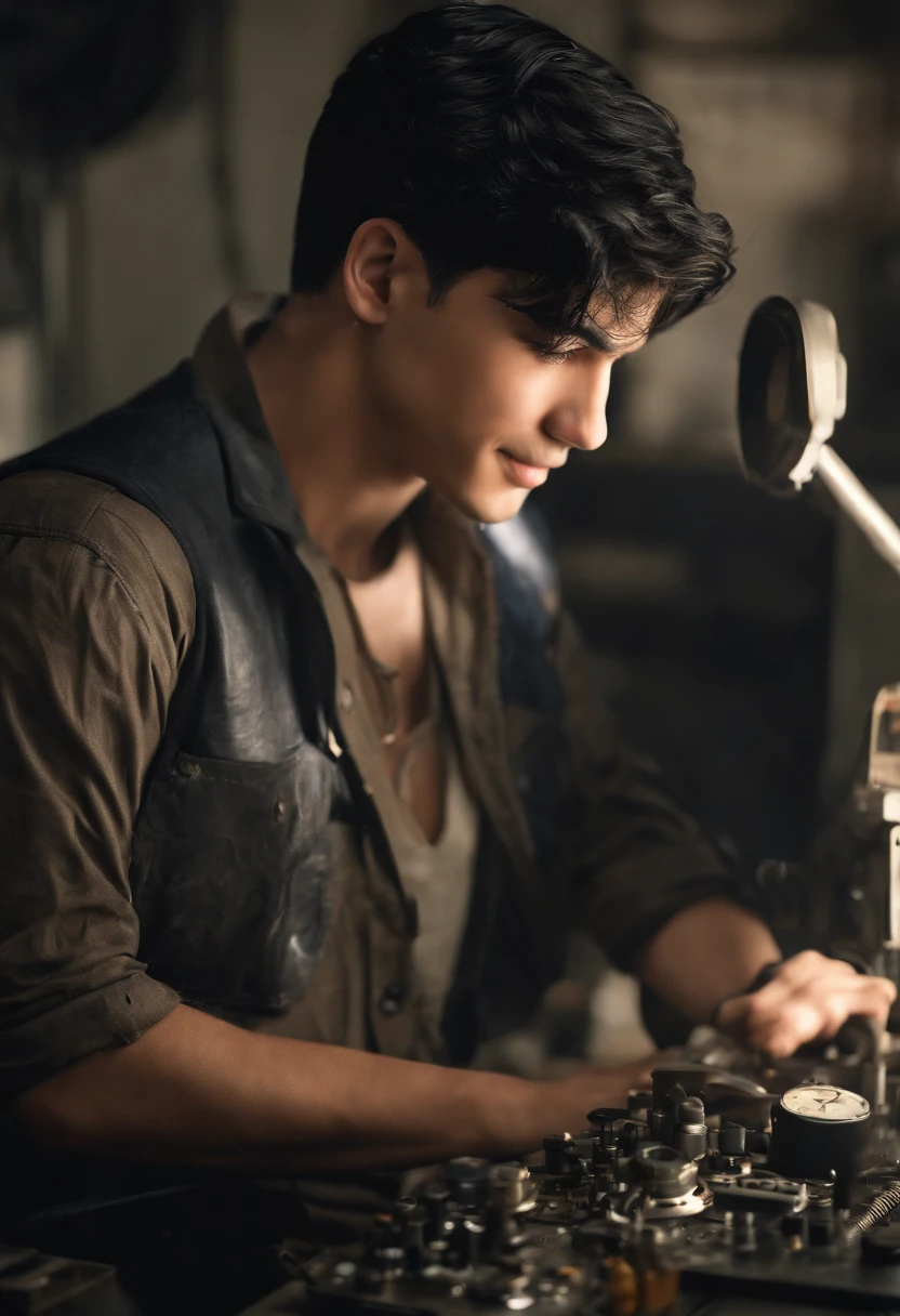 absurd resolution, high resolution, (master part: 1.4), hiper-detalhe, messy short black hair of young man, soldador vestido, Atender o telefone (1.2), happy expression, factory high-tech workbench, tela tech-sense