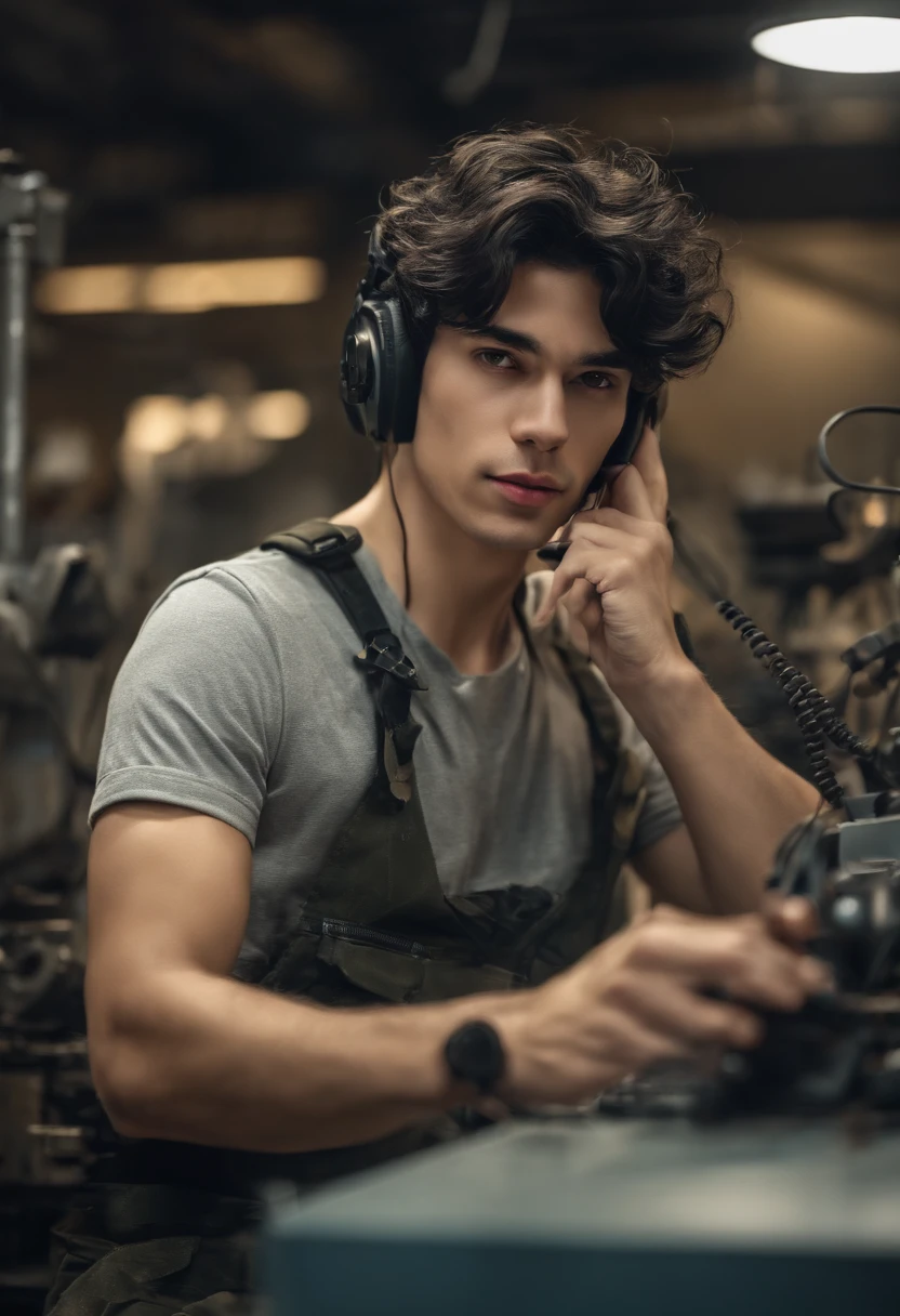 absurd resolution, high resolution, (master part: 1.4), hiper-detalhe, messy short black hair of young man, soldador vestido, Atender o telefone (1.2), happy expression, factory high-tech workbench, tela tech-sense
