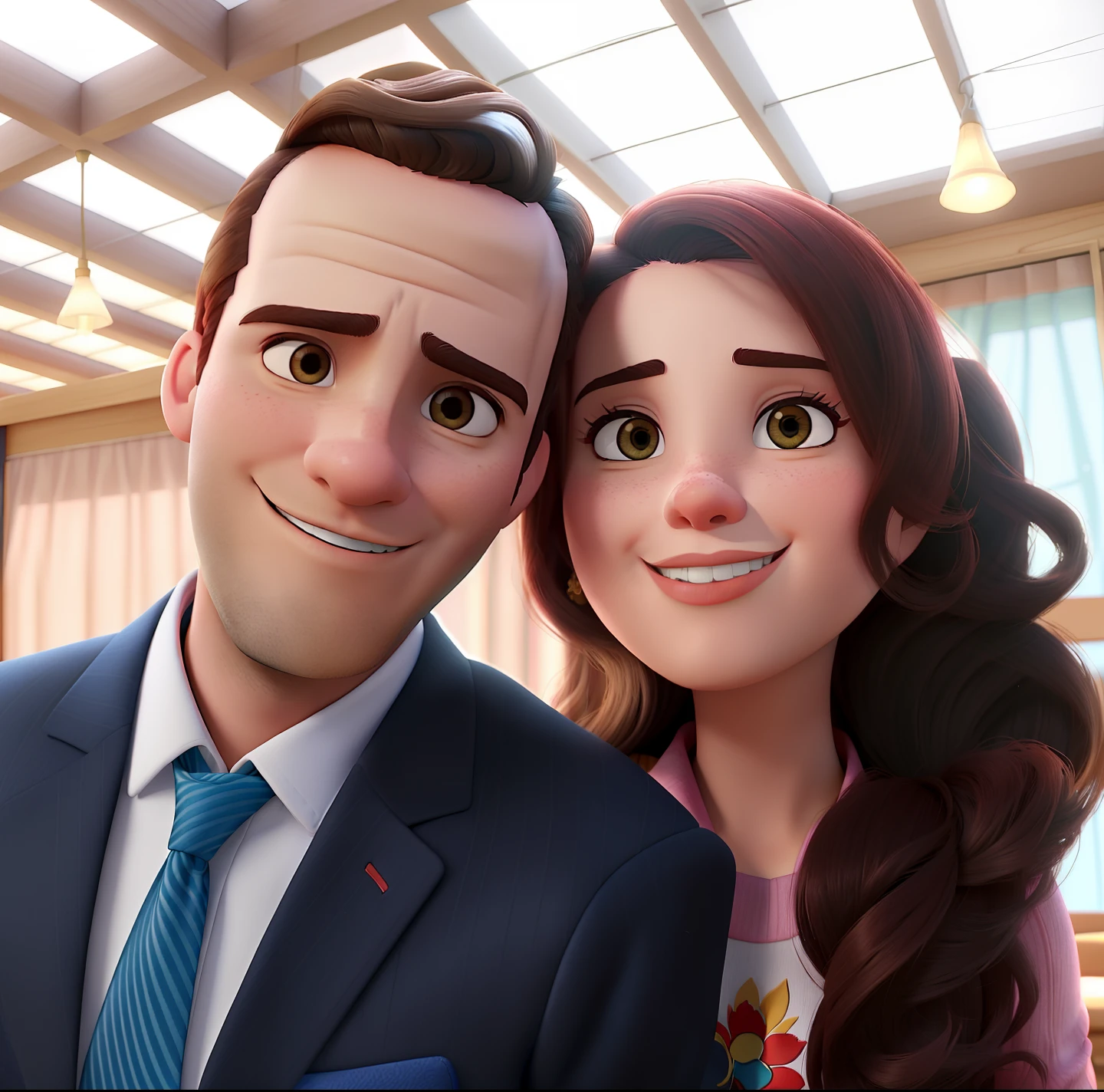 Casal (homem moreno e mulher branca) no estilo Disney Pixar, alta qualidade, melhor qualidade.