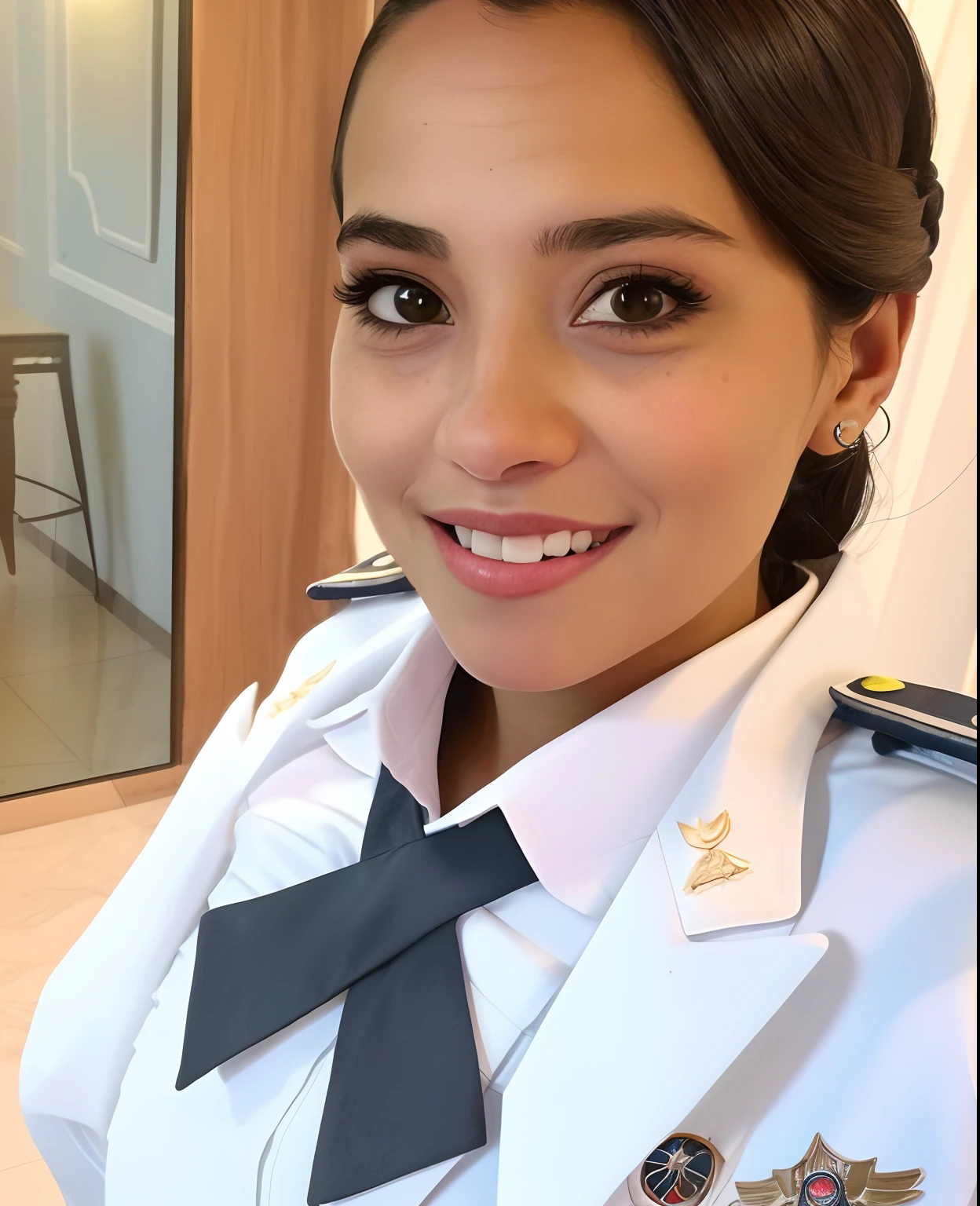 mulher de uniforme posando para uma foto em um quarto, em uniforme, menina piloto bonito, com maquiagem profissional, menina piloto, Natasha Tan Maciej Kuciara, equipamento piloto, cindy avelino, Ayahausca, menina vestindo o uniforme, imagem de perfil, cativante e atraente, usando maquiagem profissional, foto de perfil profissional, 2 8 anos