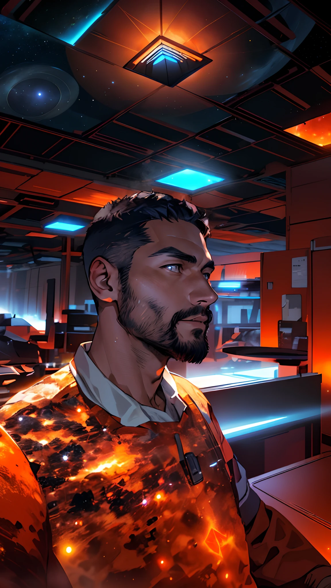Draw a young programmer, sitting on a research platform floating in the middle of an asteroid belt. He is studying with a notebook, surrounded by several asteroids glowing with fiery auras. Dramatic lighting from distant stars and planets illuminates the scene, casting deep shadows on the suit. The young man looks confident and determined, looking at the vast and mysterious universe with wonder and respect,facial hair, cowboy shot,