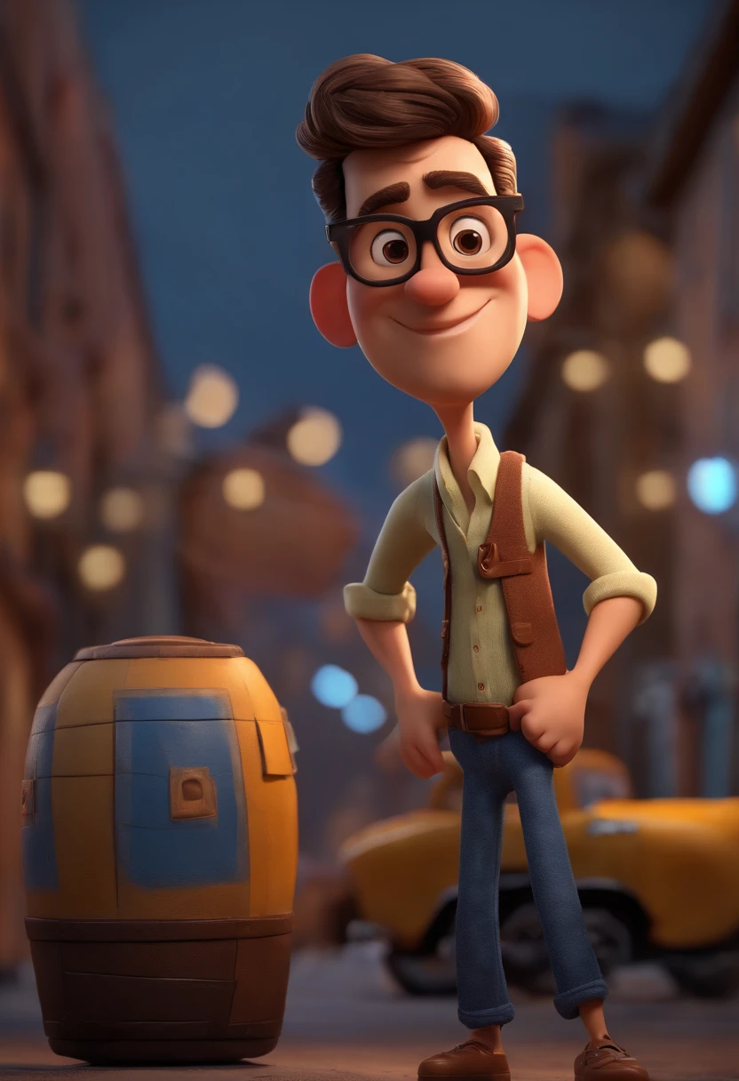 Cartoon character of a man with black glasses, cabelo cacheado marrom escuro e uma camisa azul, animation character, Caractere estilizado, animation style rendering, 3D estilizado, Arnold Maya render, 3 d render stylized, toon render keyshot, Personagem 3D, Personagem 3D, 3d rendering stylized, 3 d character render, personagem de desenho animado, Personagem de close up, Pose de personagem,  (Estilo Pixar) (master part:1.2) (Bokeh) (best quality) (pele detalhada) (textura detalhada) (8k) (argila) (Cinematic lighting) (foco nítido