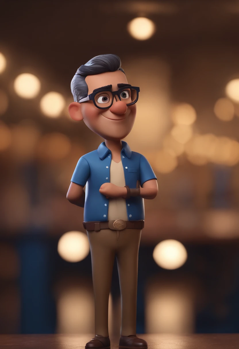 Cartoon character of a man with black glasses, cabelo cacheado marrom escuro e uma camisa azul, animation character, Caractere estilizado, animation style rendering, 3D estilizado, Arnold Maya render, 3 d render stylized, toon render keyshot, Personagem 3D, Personagem 3D, 3d rendering stylized, 3 d character render, personagem de desenho animado, Personagem de close up, Pose de personagem,  (Estilo Pixar) (master part:1.2) (Bokeh) (best quality) (pele detalhada) (textura detalhada) (8k) (argila) (Cinematic lighting) (foco nítido