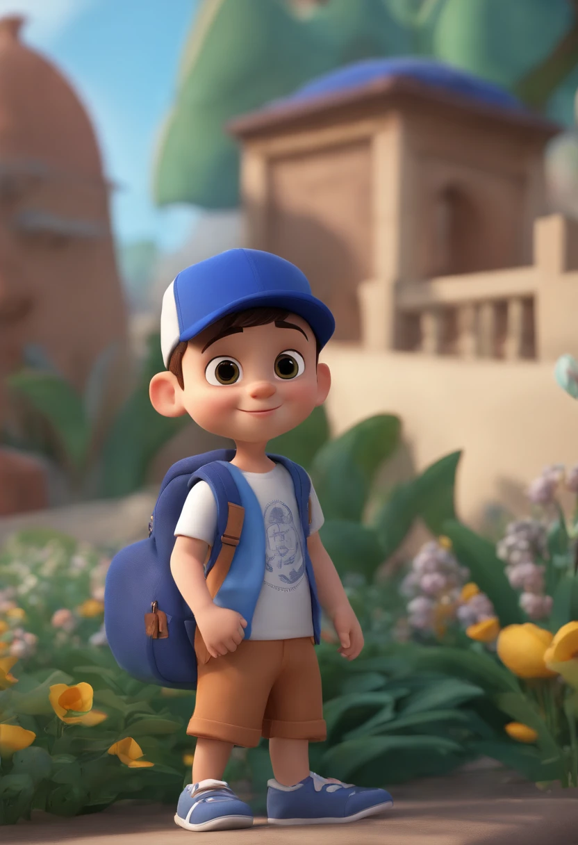A happy cute boy standing short hair with dark blue cap , vestindo uma camisa azul , , fundo branco, barnet, Tom, Estilo Pixar, ......3d, desenhos animados, rosto detalhado, asymmetrical 16k