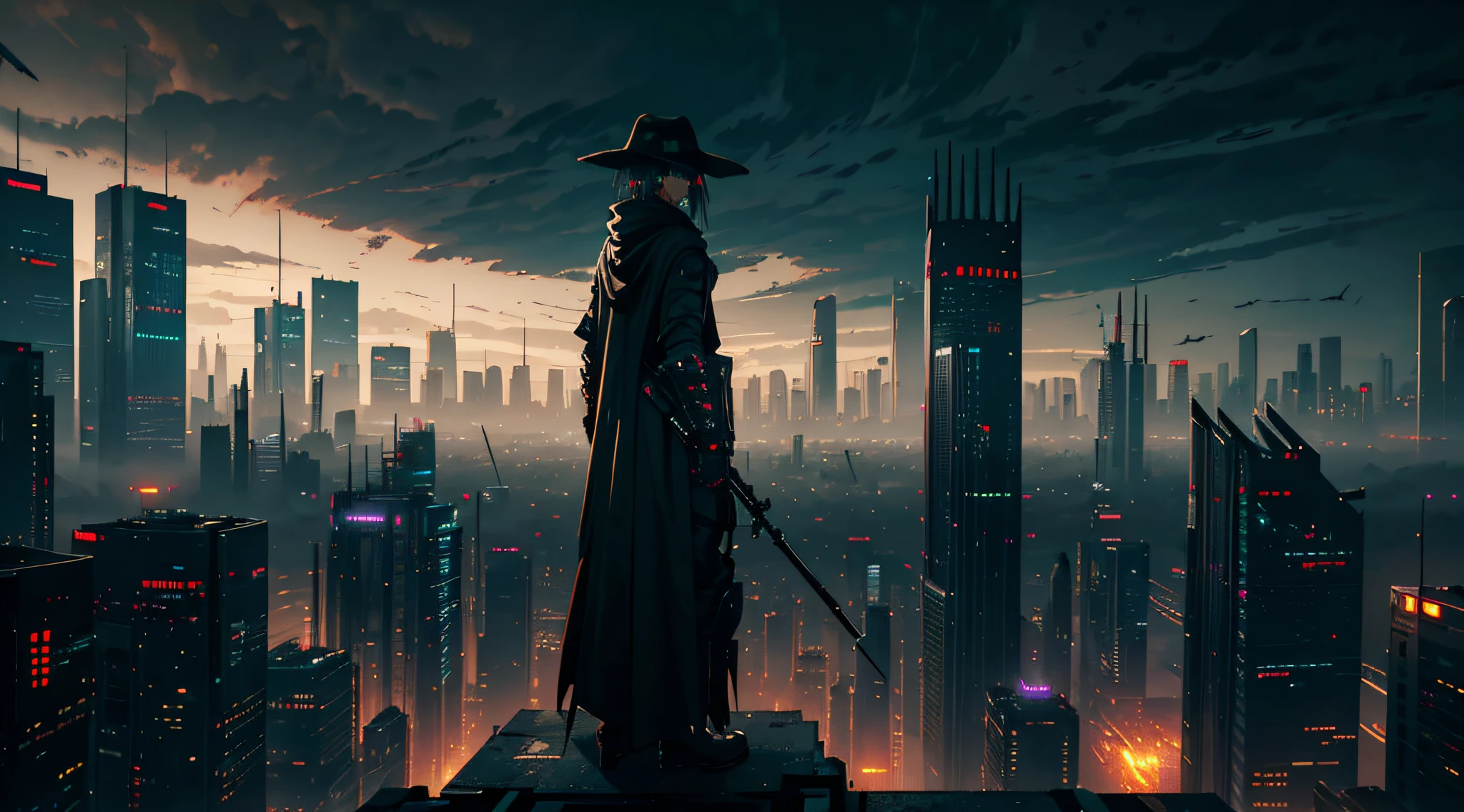 futuristic cyberpunk city, gloomy bleak view on dystopic cyberpunk city, dark landscape, dreary landscape, dark scarecrow, creepy scarecrow, high scarecrow, scarecrow standing on roof, portrait, gloomy monster, long arms, stick hands, T-pose, (covered in ash), rag cloak, straw hat, dark lighting, top view of a huge city, futuristic city, hopeless art