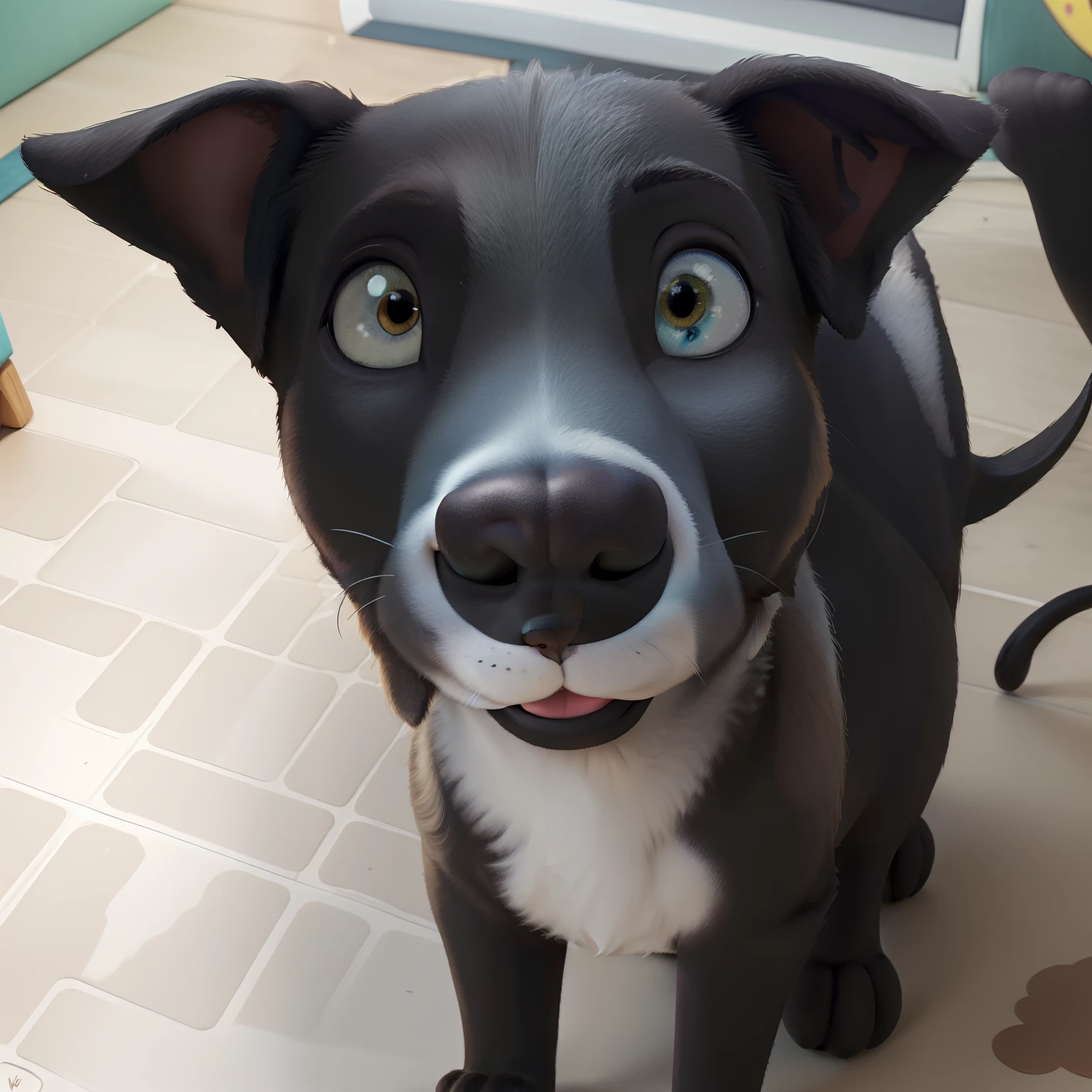 (best quality,highres,realistic:1.2),A happy cartoon dog,playful expressions,cute ears,wagging tail,adorable smile,cartoony style,colorful fur,vibrant background,happy atmosphere,cartoonish shadows,painting texture,captivating eyes