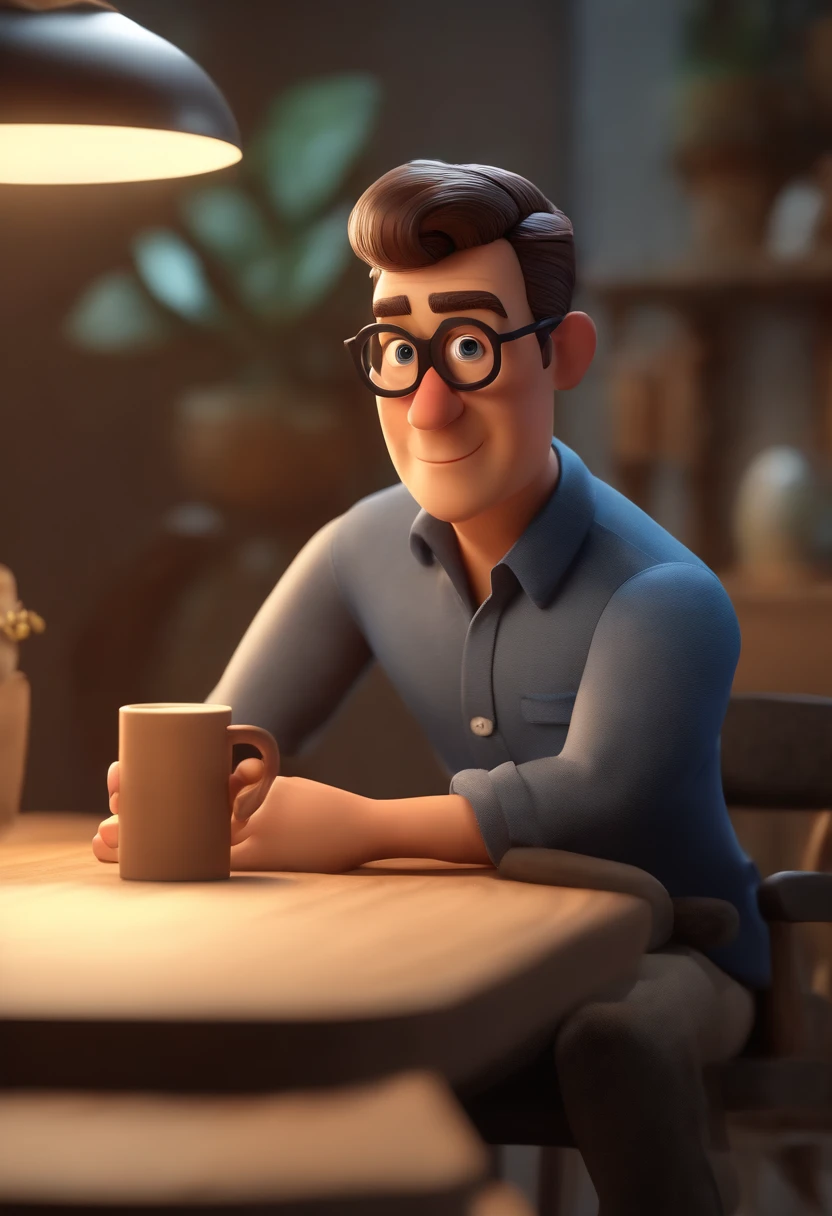 Cartoon character of a man wearing black glasses and a blue shirt, um personagem animado, Caractere estilizado, animation style rendering, 3D estilizado, Arnold Maya render, 3 d render stylized, toon render keyshot, Personagem 3D, Personagem 3D, 3d rendering stylized, 3 d character render, personagem de desenho animado, Personagem de close up, Pose de personagem, (Estilo Pixar) (master part:1.2) (Bokeh) (best quality) (pele detalhada) (textura detalhada) (8k) (argila) (Cinematic lighting) (foco nítido，Senta e vaza a parte superior do corpo