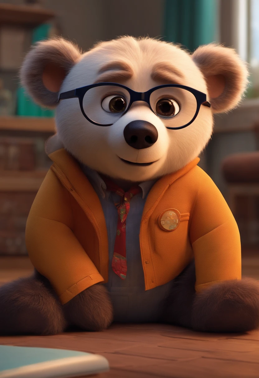 Menino estilo desenho animado, Pixar, wearing round glasses, segurando um urso de pelucia, roupa de escoteiro,