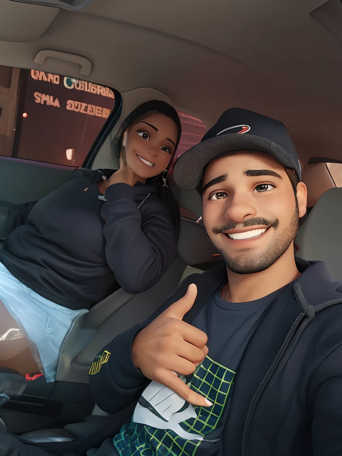 Casal dentro do carro sorrindo