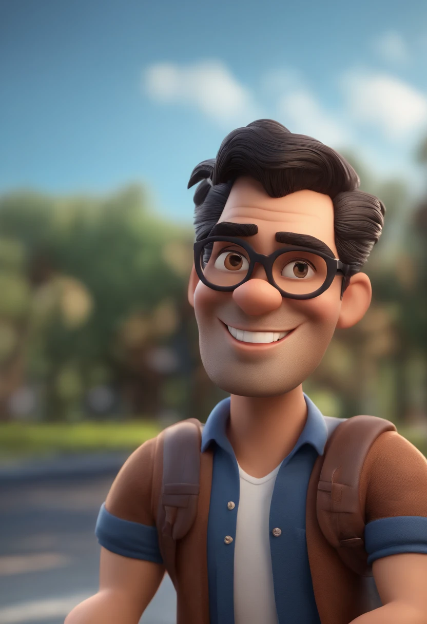 Cartoon character of a man with black glasses, cabelo cacheado marrom escuro e uma camisa azul, animation character, Caractere estilizado, animation style rendering, 3D estilizado, Arnold Maya render, 3 d render stylized, toon render keyshot, Personagem 3D, Personagem 3D, 3d rendering stylized, 3 d character render, personagem de desenho animado, Personagem de close up, Pose de personagem,  (Estilo Pixar) (master part:1.2) (Bokeh) (best quality) (pele detalhada) (textura detalhada) (8k) (argila) (Cinematic lighting) (foco nítido