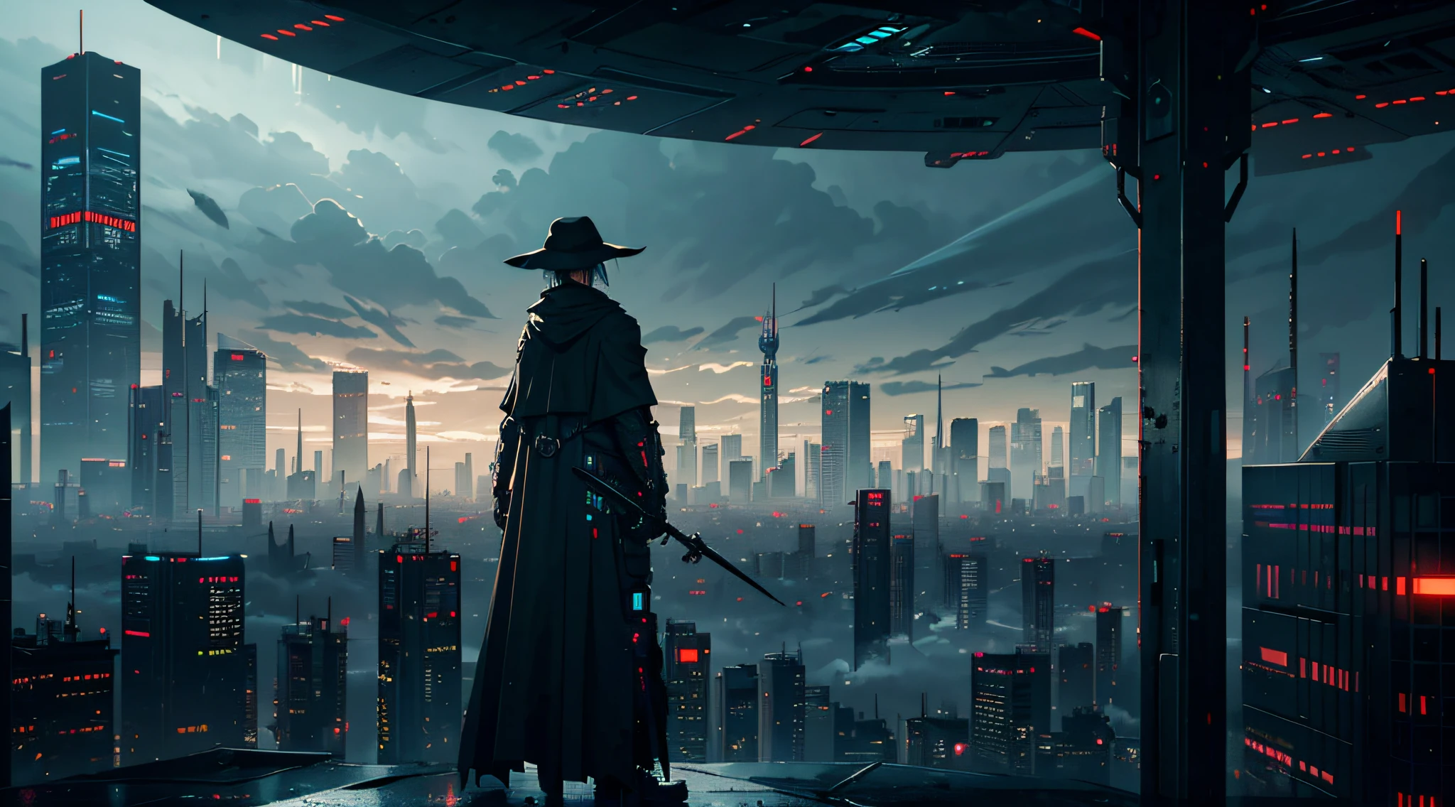 futuristic cyberpunk city, gloomy bleak view on dystopic cyberpunk city, dark landscape, dreary landscape, dark scarecrow, creepy scarecrow, high scarecrow, scarecrow standing on roof, portrait, gloomy monster, long arms, stick hands, T-pose, (covered in ash), rag cloak, straw hat, dark lighting, top view of a huge city, futuristic city, hopeless art