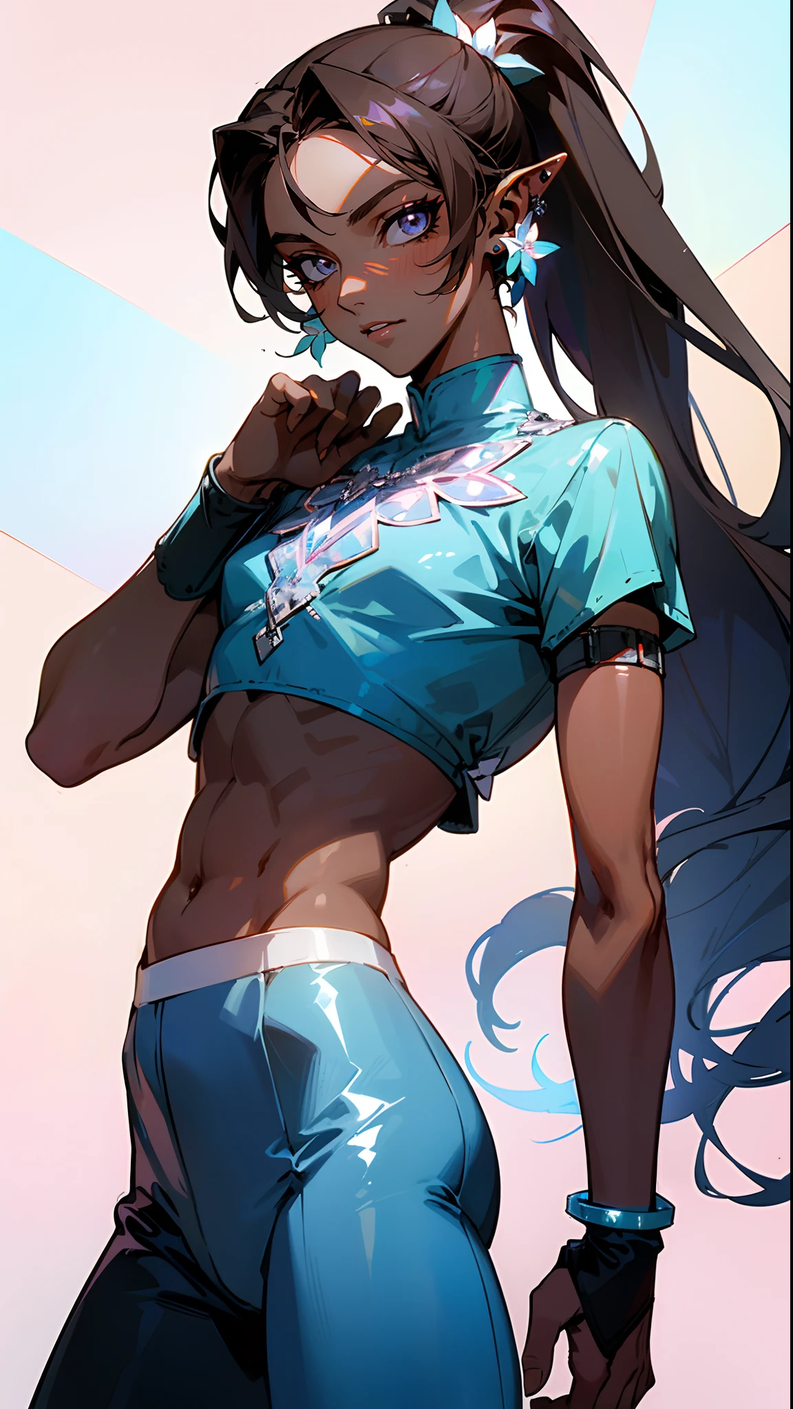 ((Beautiful man:1)) , ((Dark skin:1.5)) , ((long hair)) , ((brown hair)) , ((male:1.4)) , full lips , light silver eyes , voluminous hair,((has pointed ears ears:1)), ((wearing small flower earring:1.3)), ((Skinny build)) ,effeminate , ((has a center part in hair:1)), full long eyelashes,((straight hair:1.3)) , ((crop top:1.2)), hair in a ponytail, Bishounen, possess delicate and androgynous features, age 33

(masterpiece, best quality )detailed, 1Character ,  pastel washed out colors , cell shade , soft, muted shades ,gentle colors , blue archive art style,

He wears a fitted, sequined, and short-sleeved shirt in a vibrant shade of holographic blue, The shirt features a V-neckline and intricate beadwork, sequins, and rhinestones, slim-fitting, high-waisted pants in a matching holographic blue material, The pants are accentuated with subtle, neon blue and silver accents, including chunky silver chains, statement rings, and wristbands,