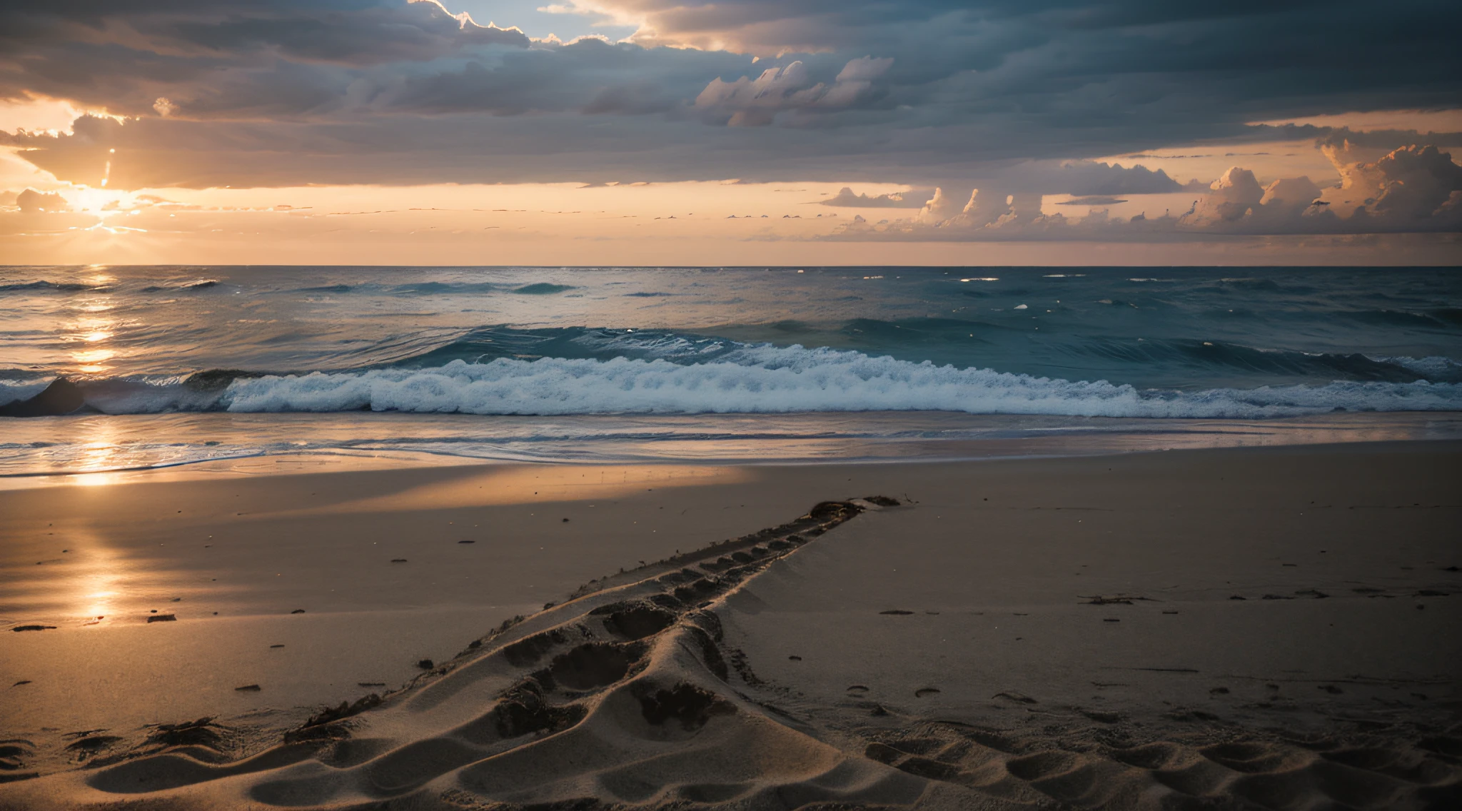 "Eine stimmungsvolle Szene am einsamen Strand bei Sonnenuntergang.",8k,
