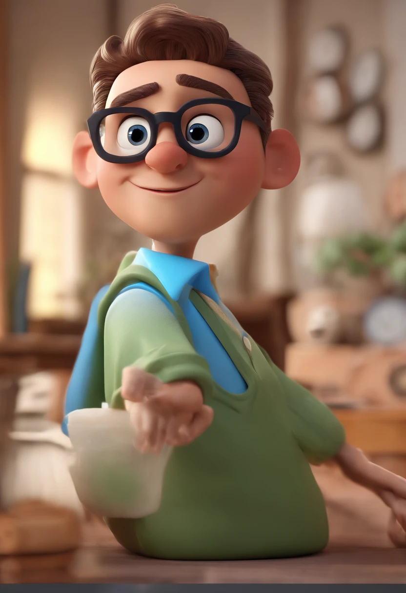 Cartoon character of a man with black glasses and a blue shirt, animation character, Caractere estilizado, animation style rendering, 3D estilizado, Arnold Maya render, 3 d render stylized, toon render keyshot, Personagem 3D, Personagem 3D, 3d rendering stylized, 3 d character render, personagem de desenho animado, Personagem de close up, Pose de personagem, (Estilo Pixar) (master part:1.2) (Bokeh) (best quality) (pele detalhada) (textura detalhada) (8k) (argila) (Cinematic lighting) (foco nítido