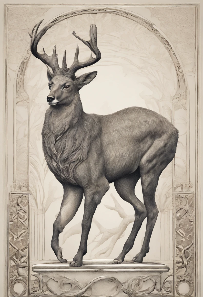 Design an animal based off the description, and no nudity or humans. It is a mix between a wolf head, a long and coily snake tail, peacock feathers, and a deer body. Head: The wolf's head, symbolizing guardianship and loyalty. Its eyes gleam with intelligence, and its sharp teeth are always visible, hinting at its ferocity and protective nature. Body: The sleek and muscular body of a stag, representing purity and life. Its smooth fur and graceful form provide the chimera with agility and swiftness. Wings: Spanning from its back are the iridescent feathers of a peacock, which allow it to radiate grace and beauty, signifying prosperity and love. Legs: Four strong legs of the stag, maintaining the consistency with the body, and further emphasizing purity and life. Tail: A long, coiling cobra tail, representing transformation and power. The tail can be raised in a defensive posture, ready to strike at any threat. Description: Emerging from the wilderness, this mythical creature embodies the essence of guardianship, purity, beauty, and power. Its wolf head, with alert eyes, conveys a sense of leadership and loyalty. The chimera's body, streamlined and muscular like that of a stag, moves with both grace and purpose. From its back, shimmering wings of a peacock unfold, casting a captivating array of colors that reflect the hues of the dawn. Its powerful stag legs allow it to tread with both authority and elegance across varied terrains. Yet, it is the chimera's coiling cobra tail that serves as a stark reminder of its transformative power and potential danger. This creature is a harmonious blend of nature's legends, encapsulating the spirit of the wild in its majestic form