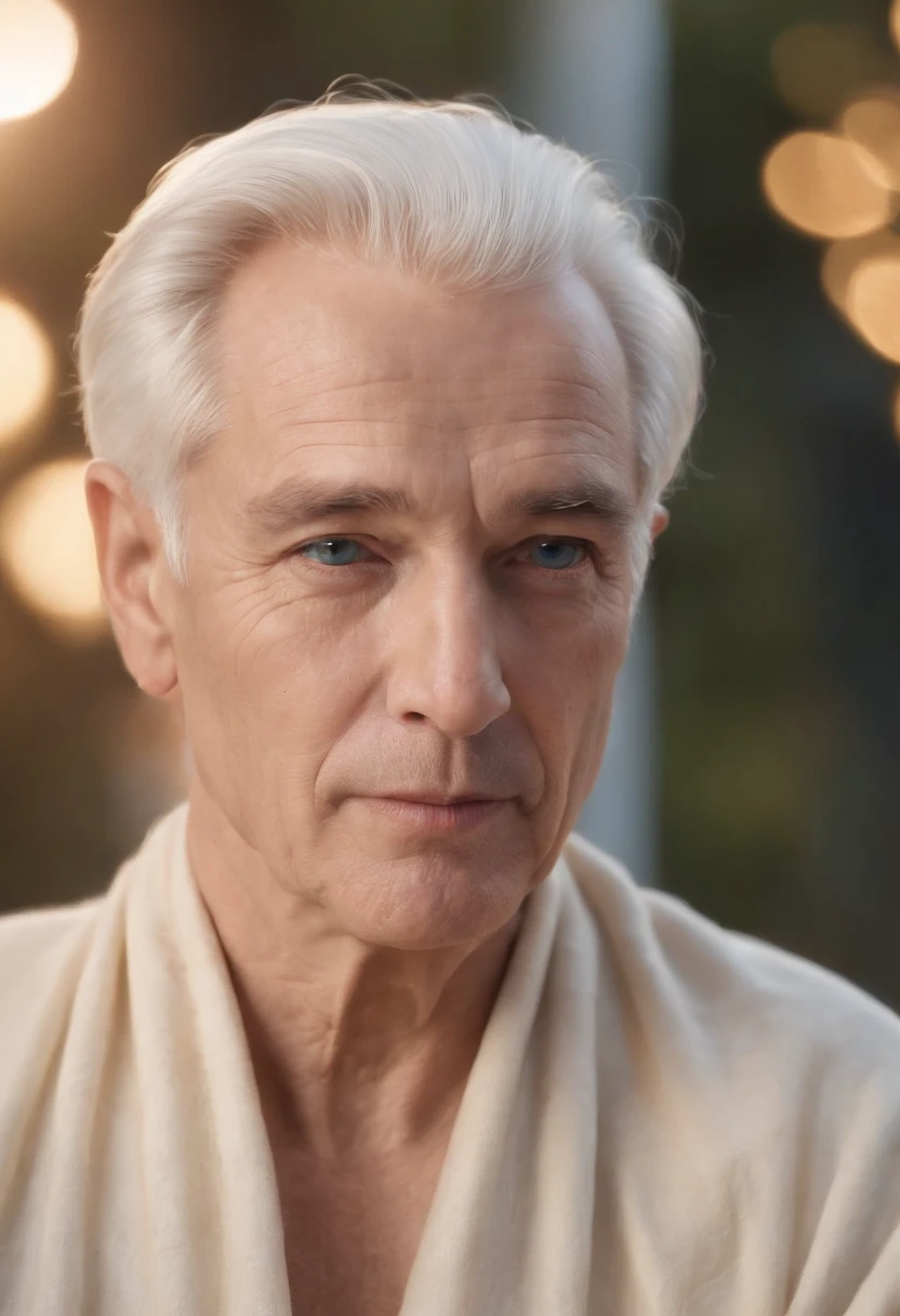 Old man , white hair , good skin, torso up , wearing beige cloth , sitting under stars staring at screen, good lighting, brown eyebrows, blue eyes { "id": "photorealistic", "title": "photorealistic", "cover": "", "related_tags": null, "permission": 0, "is_collect": false }