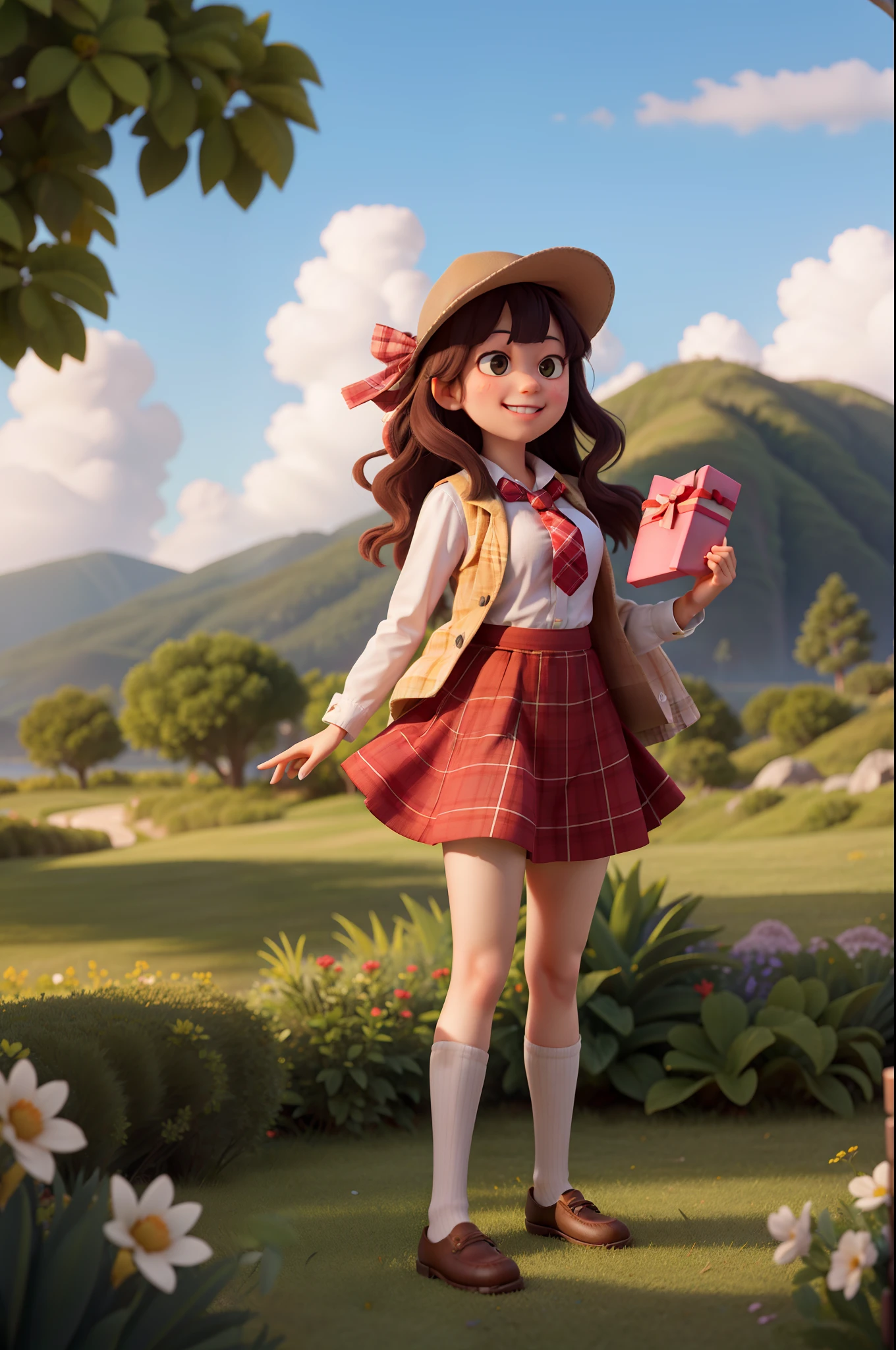 masterpiece, high quality best quality,1girl, bangs, beach, blue_sky, blush, bow, breasts, checkered, checkered_shirt, checkered_skirt, cloud, cloudy_sky, collarbone, day, envelope, giving, grass, hair_bow, heart, holding, holding_letter, horizon, incoming_gift, kazami_yuuka, leaning_forward, lens_flare, letter, light_rays, long_hair, looking_at_viewer, love_letter, mountain, mountainous_horizon, ocean, outdoors, plaid, plaid_background, plaid_bikini, plaid_bow, plaid_bowtie, plaid_bra, plaid_dress, plaid_headwear, plaid_jacket, plaid_legwear, plaid_necktie, plaid_neckwear, plaid_panties, plaid_pants, plaid_ribbon, plaid_scarf, plaid_shirt, plaid_skirt, plaid_vest, pov, shirt, skirt, sky, smile, solo, sun, sunbeam, sunlight, tree, unmoving_pattern
