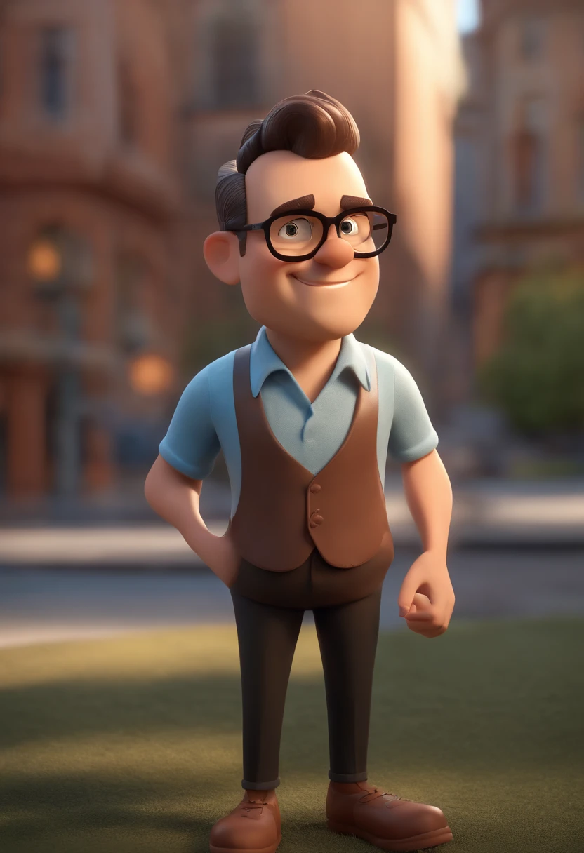 Cartoon character of a man with black glasses, cabelo cacheado marrom escuro e uma camisa azul, animation character, Caractere estilizado, animation style rendering, 3D estilizado, Arnold Maya render, 3 d render stylized, toon render keyshot, Personagem 3D, Personagem 3D, 3d rendering stylized, 3 d character render, personagem de desenho animado, Personagem de close up, Pose de personagem, (Estilo Pixar) (master part:1.2) (Bokeh) (best quality) (pele detalhada) (textura detalhada) (8k) (argila) (Cinematic lighting) (foco nítido