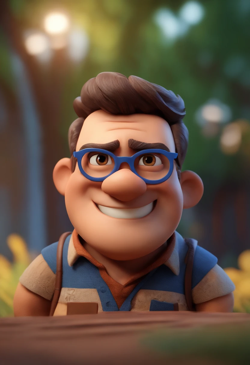 Cartoon character of a man with black glasses, cabelo cacheado marrom escuro e uma camisa azul, animation character, Caractere estilizado, animation style rendering, 3D estilizado, Arnold Maya render, 3 d render stylized, toon render keyshot, Personagem 3D, Personagem 3D, 3d rendering stylized, 3 d character render, personagem de desenho animado, Personagem de close up, Pose de personagem,  (Estilo Pixar) (master part:1.2) (Bokeh) (best quality) (pele detalhada) (textura detalhada) (8k) (argila) (Cinematic lighting) (foco nítido