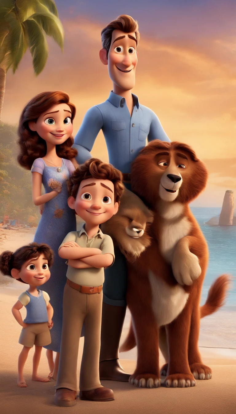 a movie poster by Disney Pixar spotting a white-skin family. The father is the tallest, has a short beard, brown, short and spikey hair. The mom has brown eyes and hair, at shoulder-lenght and is slightly overweight. The little boy is 3-years old and has brown eyes and hair, playng with a little train. The background is a beach garden. 3d render
