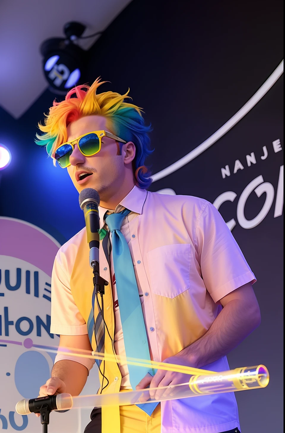 Man with colorful hair in tie and sunglasses talking into microphone, Alarcon Cartunista, Walton Conor, ástor alexander, Jorge Lacera, Directed by: Jean Xceron, ( ( ( colorido ) ) ), ignacio fernandez rios, Directed by: Nandor Soldier, cutecore clown, Ignacio Rios