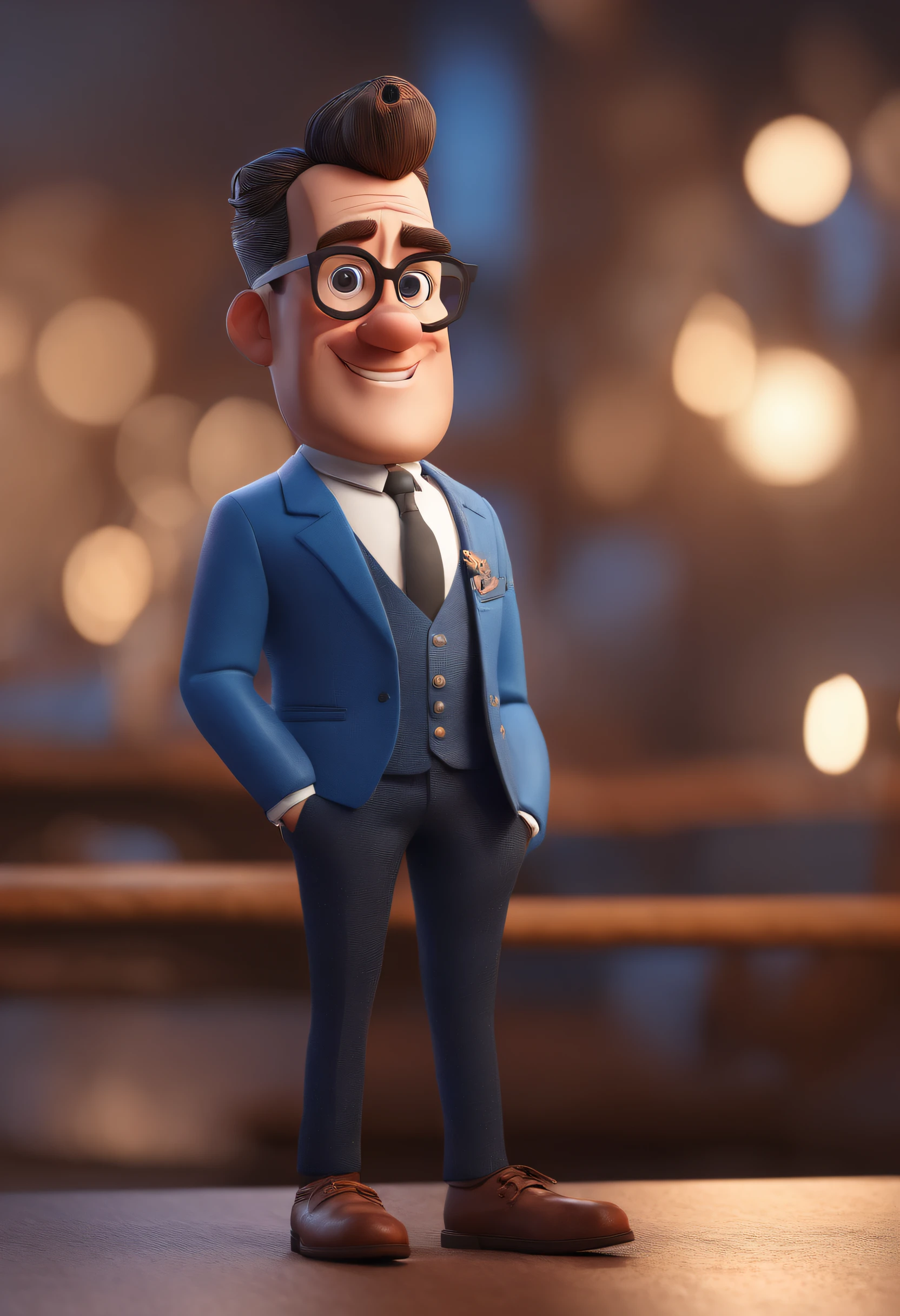 Cartoon character of a man with black glasses and a blue shirt, animation character, Caractere estilizado, animation style rendering, 3D estilizado, Arnold Maya render, 3 d render stylized, toon render keyshot, Personagem 3D, Personagem 3D, 3d rendering stylized, 3 d character render, personagem de desenho animado, Personagem de close up, Pose de personagem,  (Estilo Pixar) (master part:1.2) (Bokeh) (best quality) (pele detalhada) (textura detalhada) (8k) (argila) (Cinematic lighting) (foco nítido