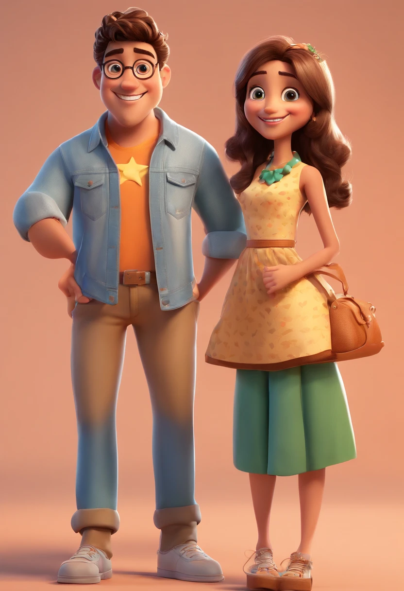 Create a Disney Pixar cartoon poster with a happy family. The mother is skinny, branca, cabelo liso, comprido e castanhos, olhos expressivos e castanhos, vestido longo florido. The father is a chubby man, sorridente, wears glasses and has short brown hair. O filho adolescente, estiloso, cabelo liso, castanho, nariz bonito, olhos castanhos. Um cachorro pelo curto na cor branca e com uma mancha caramelo em volta dos olhos. A lovely couple. Illustrate this scene from a perspective where they are facing the camera, Smiling and Showing Your Connection. Desenvolva esta arte em Full HD, Focus on your cinematic touch, Estilo Disney Pixar Animations
