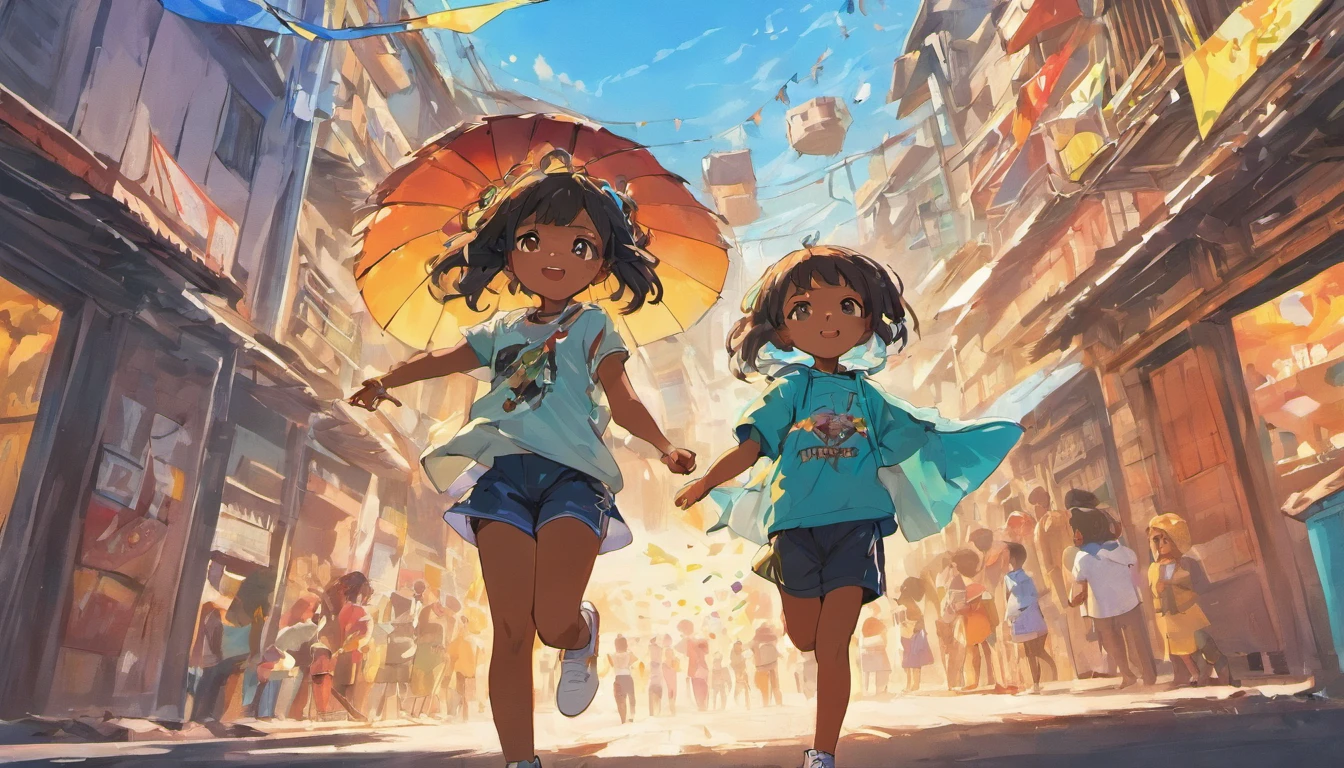 Black children from the periphery, with a cap and wearing adidas and nike clothes, They are happy in the favela of Rio de Janeiro flying kites