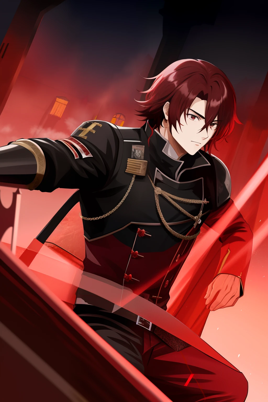 (best quality,Highres),red and dark-haired anime men,black eyes,sniper,attire,anime style,sharp focus,vivid colors,detailed clothing, intense expressions, medieval castle background, dramatic lighting fighting against a shadow in the throne room