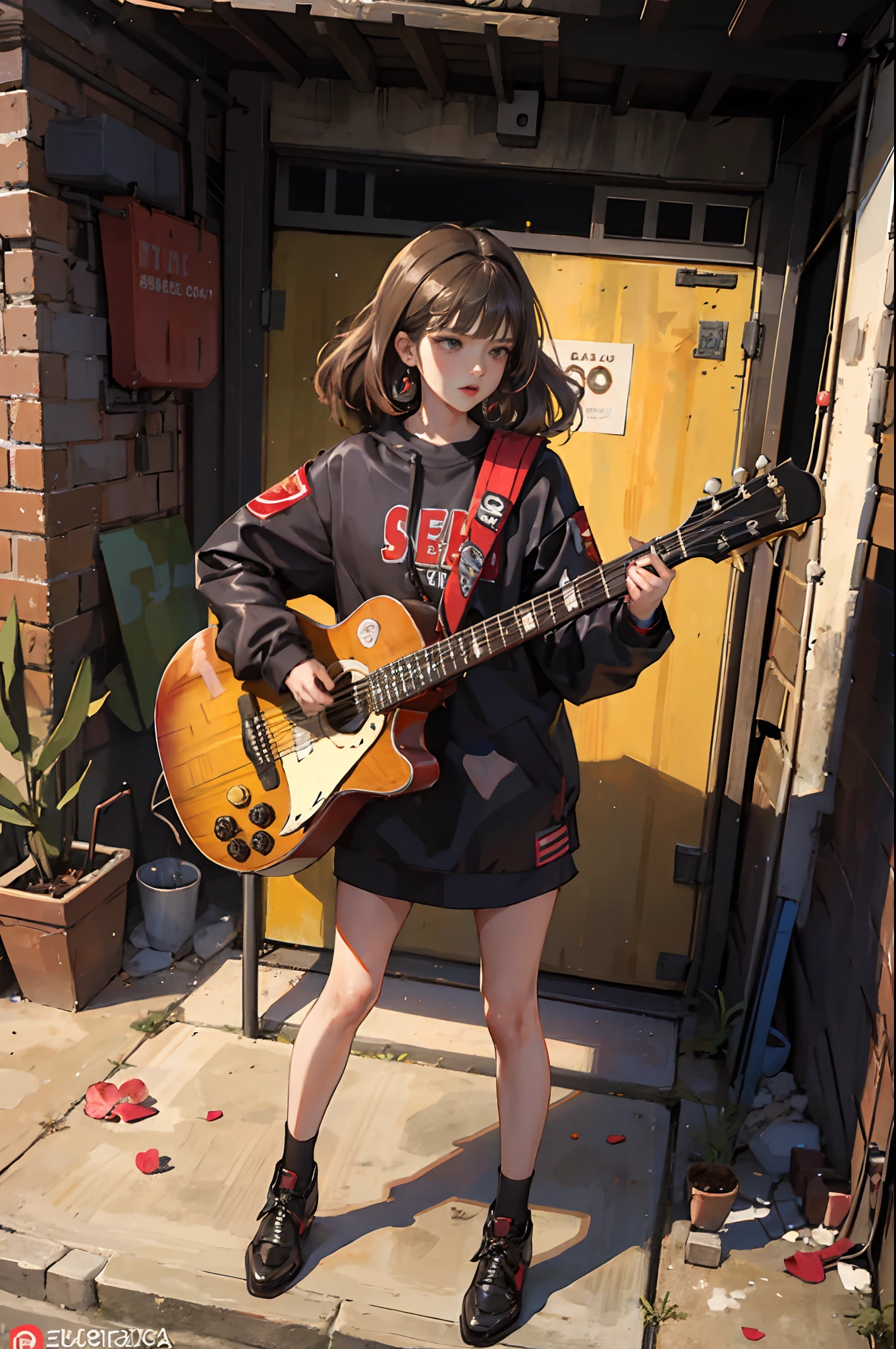 Lalisa manoban, utilizando uma roupa d exercito, enquanto testa sua guitarra em uma garagem aberta