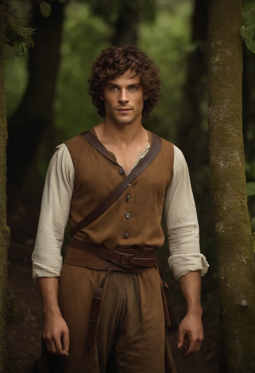 Detalhamento de caracteres, Man, hobbit, only one, without shoes, bare feet, short hair, corte de cabelo pixie, pelos nas pernas, cabo, hood on head, curly hair, pele clara, medieval, aventureiro, fantasia, cabelo de chocolate, capa verde escura, olhos castanhos, irritado, grande cicatriz na bochecha, espada no cinto, Pulseira de osso, (Cicatrizes), Muitas sombras, cores escuras, brown pants, camisa de leite,