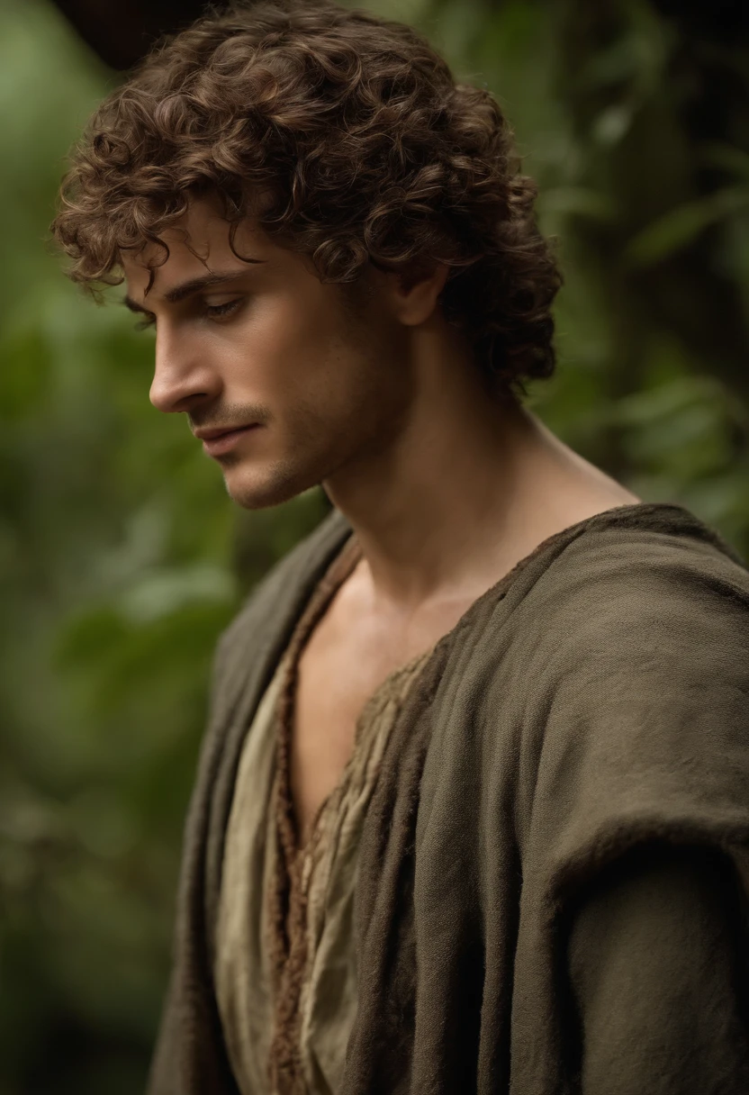 Detalhamento de caracteres, Man, hobbit, only one, without shoes, bare feet, short hair, corte de cabelo pixie, pelos nas pernas, cabo, hood on head, curly hair, pele clara, medieval, aventureiro, fantasia, cabelo de chocolate, capa verde escura, olhos castanhos, irritado, grande cicatriz na bochecha, espada no cinto, Pulseira de osso, (Cicatrizes), Muitas sombras, cores escuras, brown pants, camisa de leite,