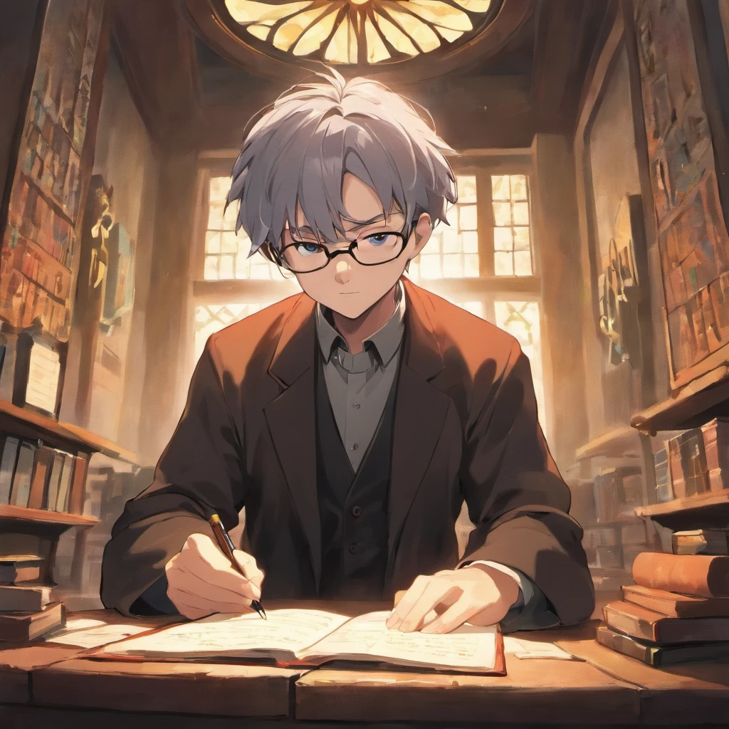 Crie um cartaz inspirado na Disney Pixar com o personagem sendo o pastor Rubens Janier, A gray-haired man wearing glasses, in an office with a Bible on the table